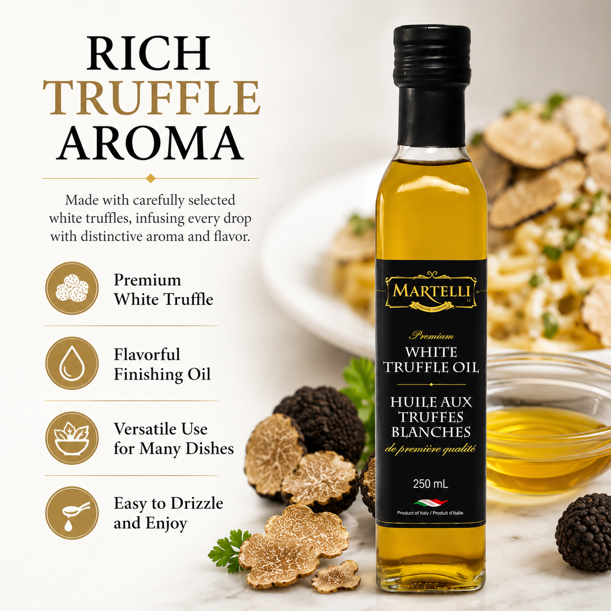 Martelli White Truffle Oil, Aromatic Finishing Oil for Pasta, Pizza, Risotto and Everyday Cooking