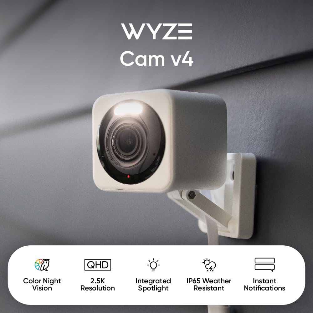 WYZE Cam v4 2.5K Indoor/Outdoor Wi-Fi Security Camera with Colour Night Vision – White