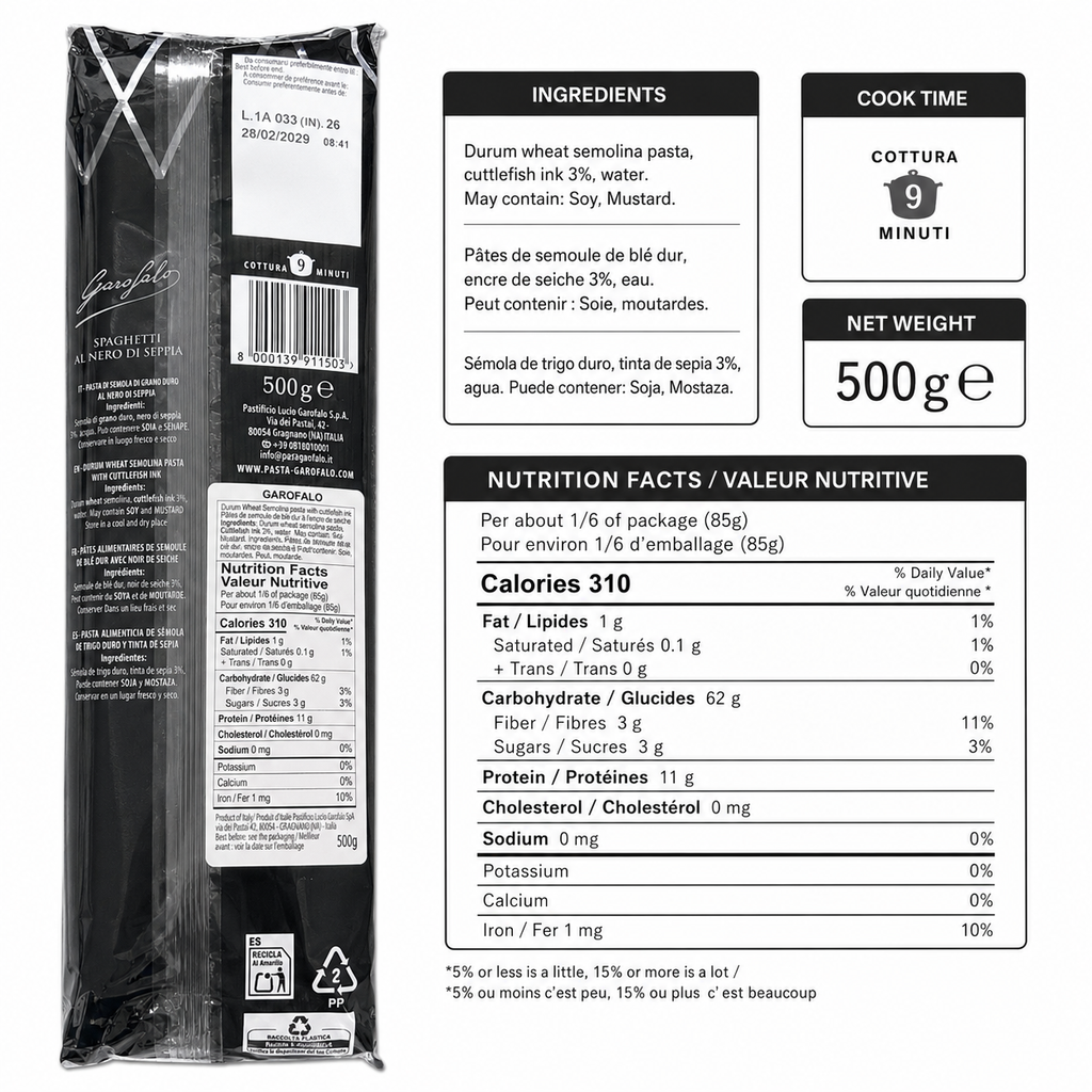 Garofalo Cuttlefish Ink Spaghetti, Black Durum Wheat Semolina Pasta, 2 x 500g Pack