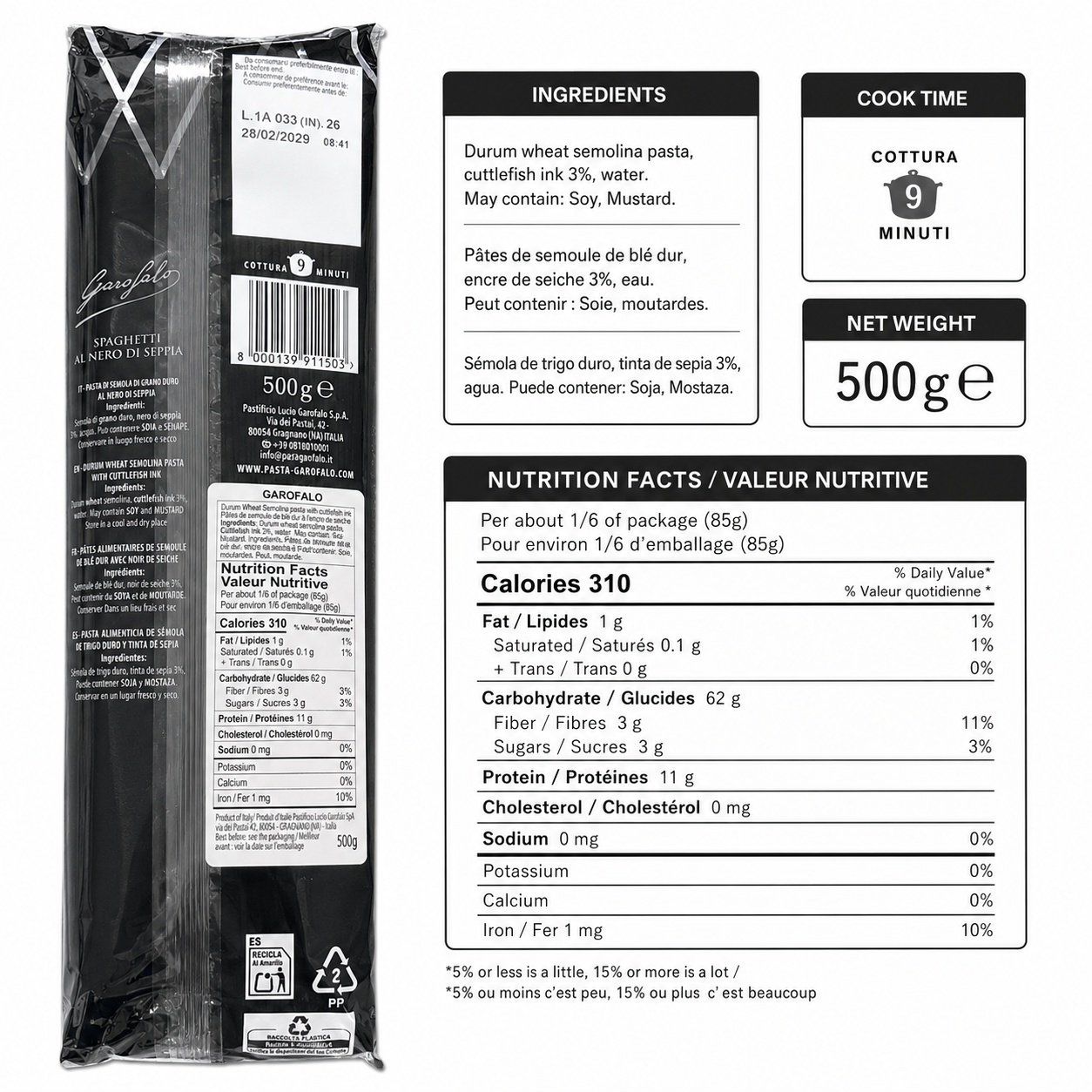 Garofalo Cuttlefish Ink Spaghetti, Black Durum Wheat Semolina Pasta, 2 x 500g Pack