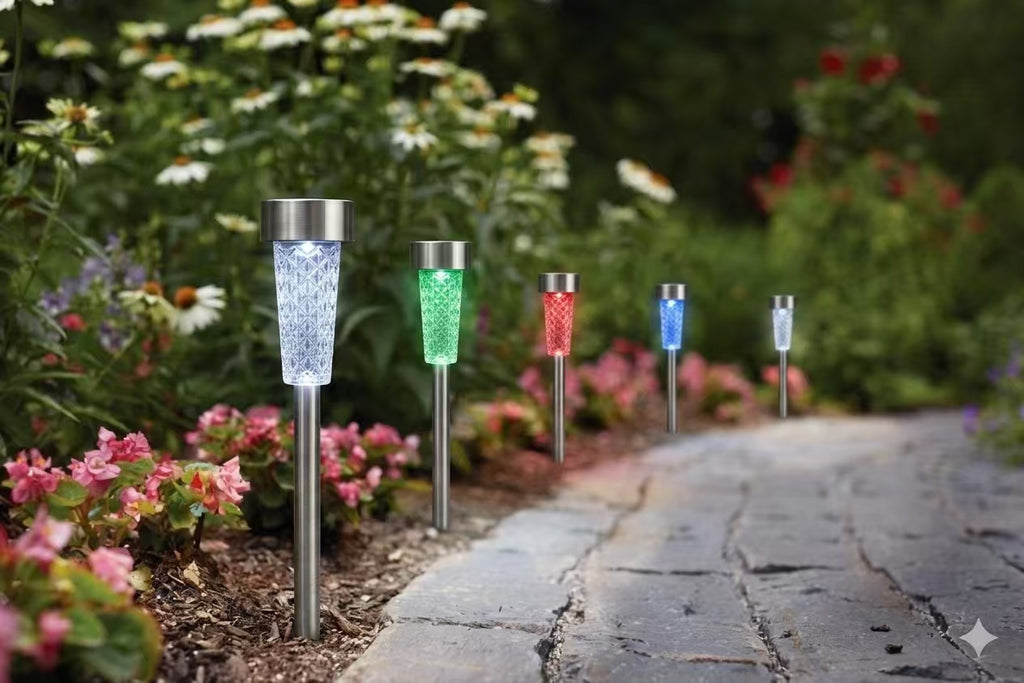 Moonrays Solar LED Garden Stake Lights Outdoor Color Changing Landscape Lights for Yard Pathway Lawn 2 Set 3 Pack Per Set Total 6 Lights