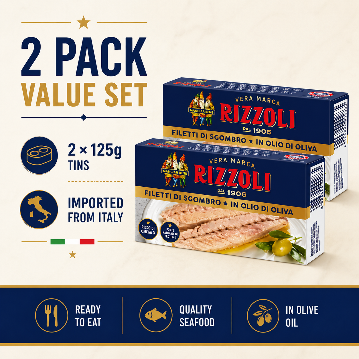 Rizzoli Mackerel Fillets in Olive Oil, 2-Pack Imported Italian Mackerel Fillets, Ready to Eat Canned Seafood