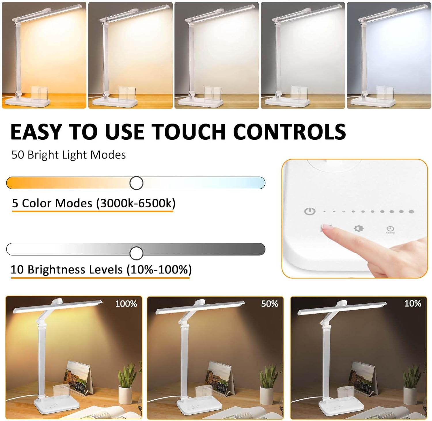 Silver White LED Desk Lamp with USB Charging Port – Adjustable Touch Control Table Lamp