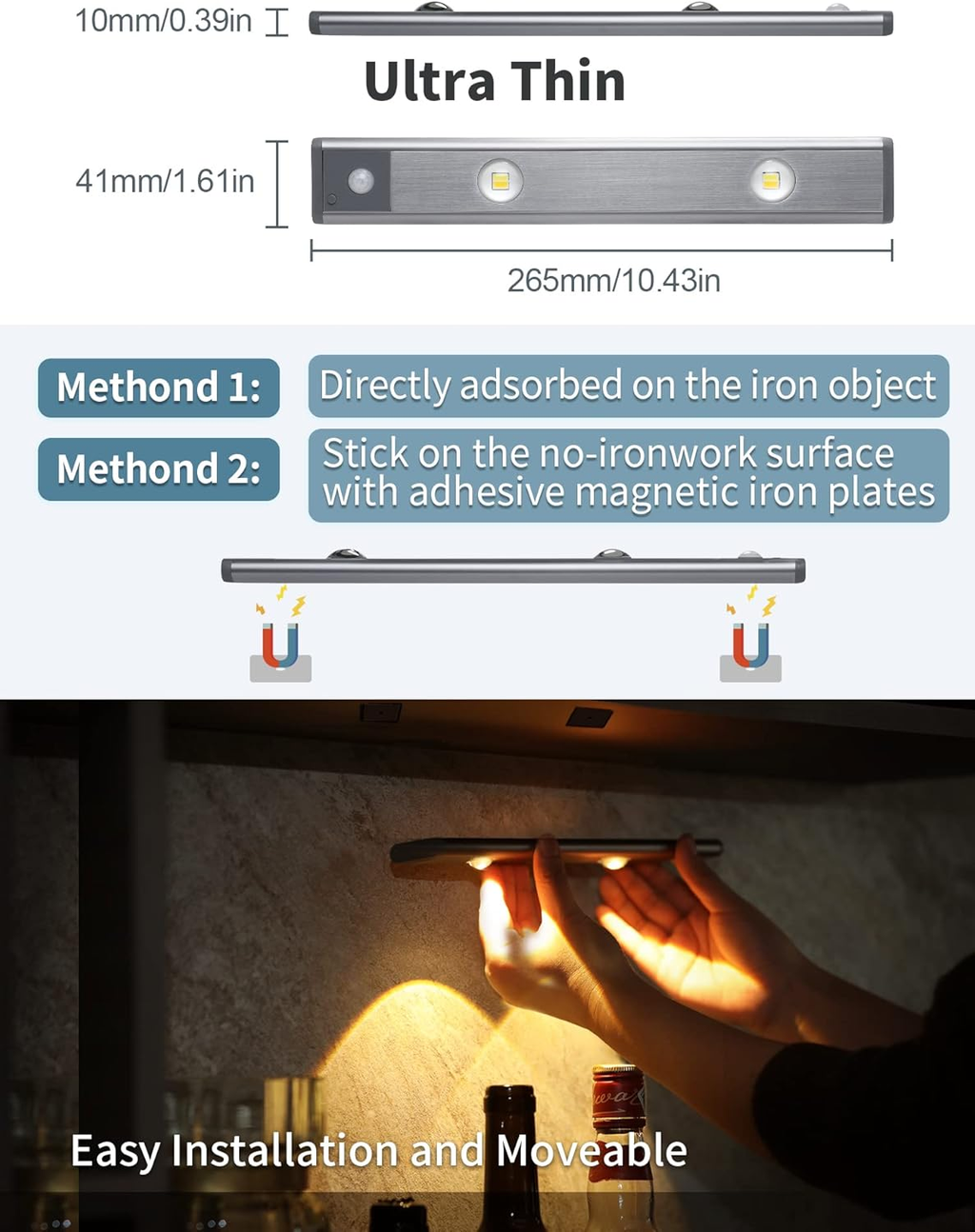 3 Color Dimmable Motion Sensor Under Cabinet Lights Wireless,1500mAh Rechargeable Battery Operated LED Closet Light Bar, Stick on Anywhere Under Cabinet Lighting for Kitchen, Stair, Wardrobe,10.43"