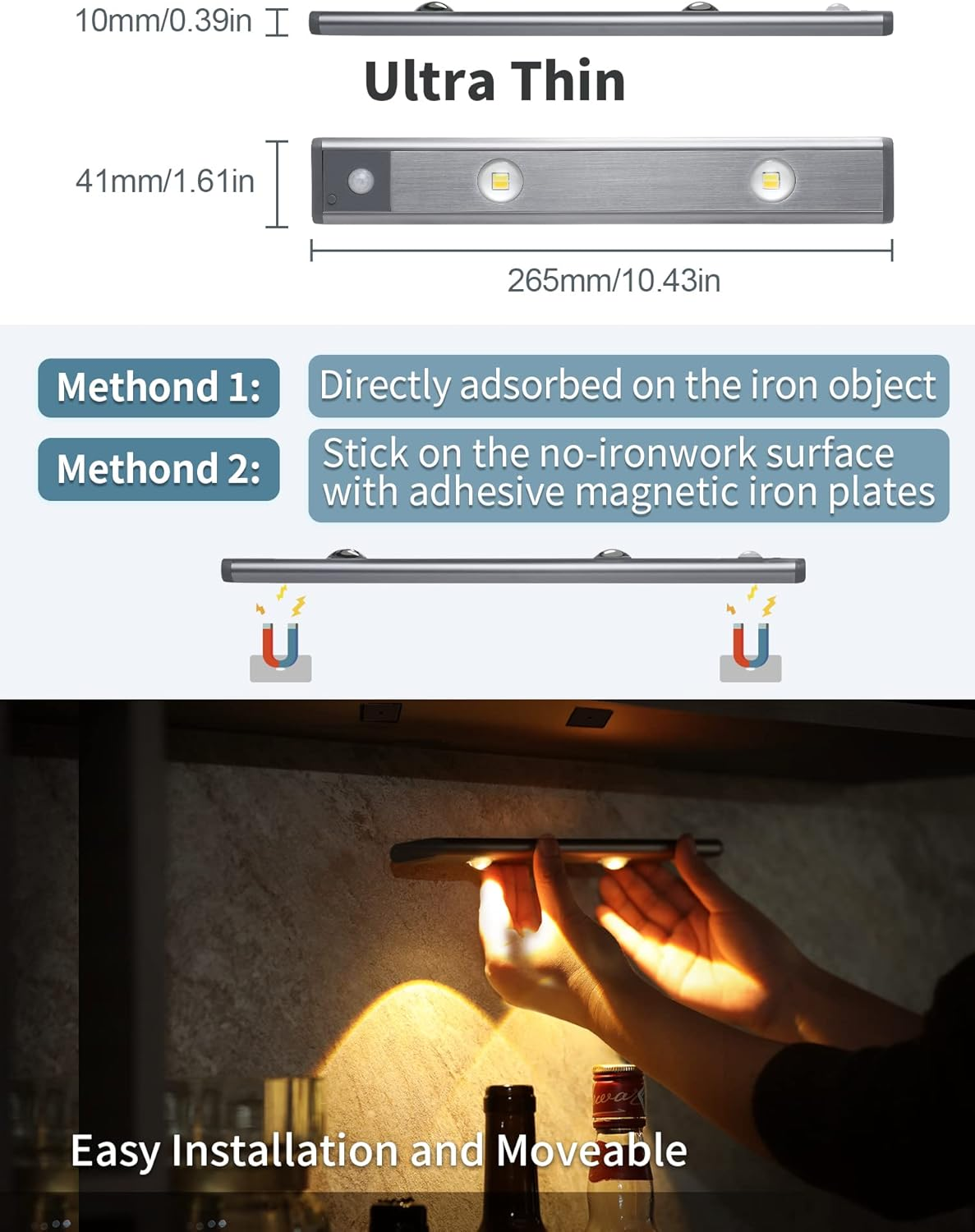 3 Color Dimmable Motion Sensor Under Cabinet Lights Wireless,1500mAh Rechargeable Battery Operated LED Closet Light Bar, Stick on Anywhere Under Cabinet Lighting for Kitchen, Stair, Wardrobe,10.43"