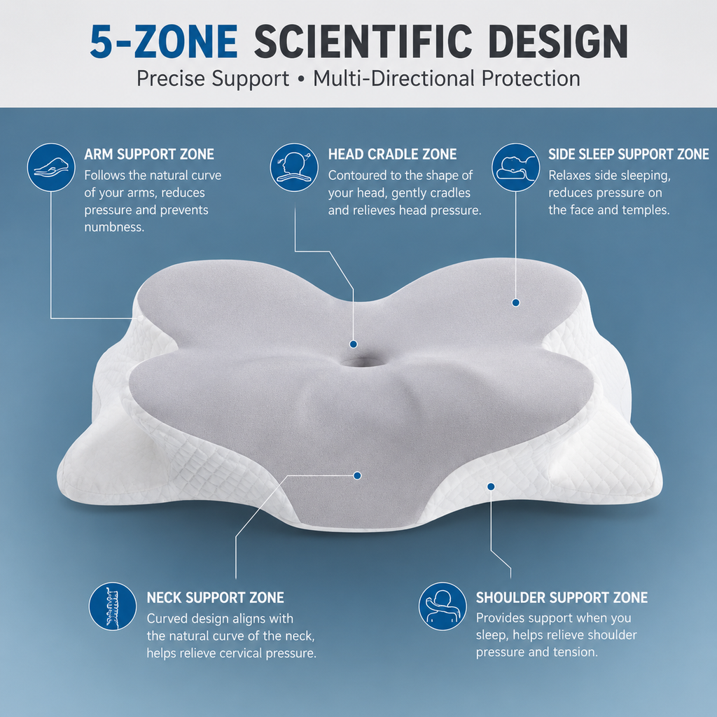 Memory Foam Contour Pillow with Dual Height Design, 5-Zone Support Bed Pillow for Back and Side Sleeping, Soft Quilted Cover, White and Gray
