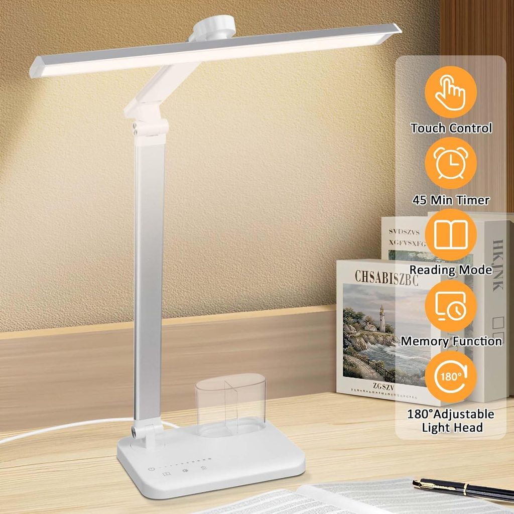 Silver White LED Desk Lamp with USB Charging Port – Adjustable Touch Control Table Lamp