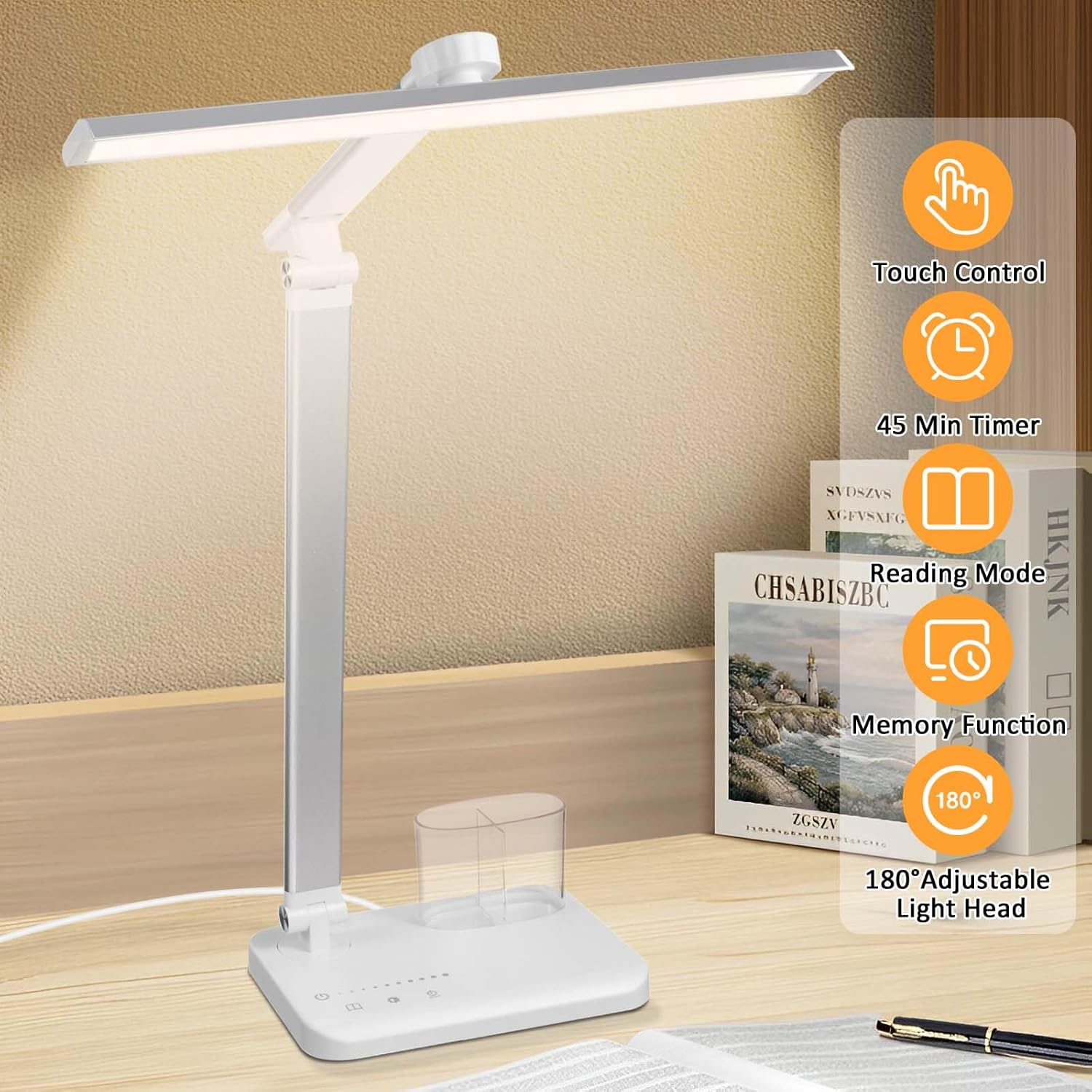 Silver White LED Desk Lamp with USB Charging Port – Adjustable Touch Control Table Lamp