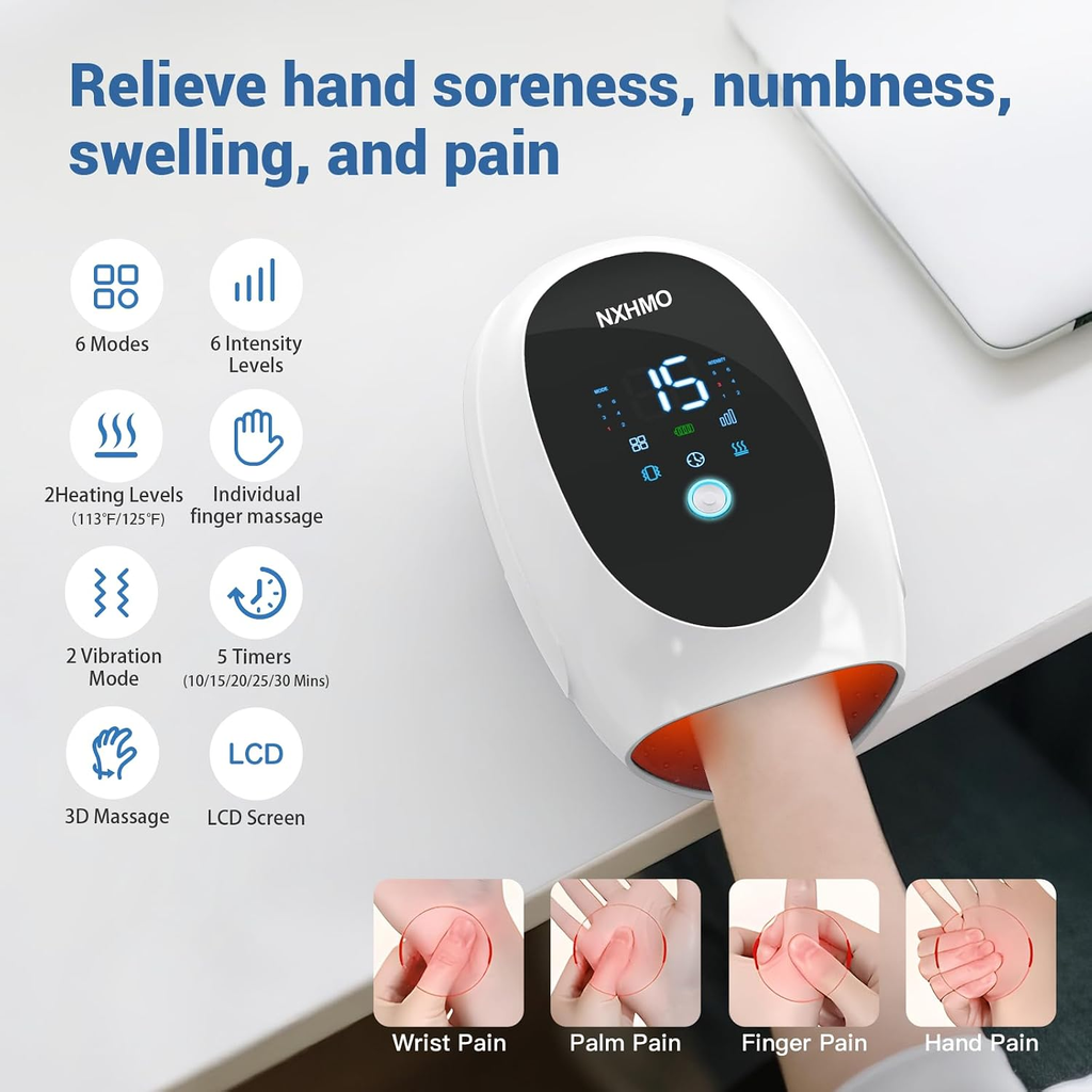 Cordless Hand Massager with Heat, Air Compression, Vibration, 6 Modes and LCD Display – White