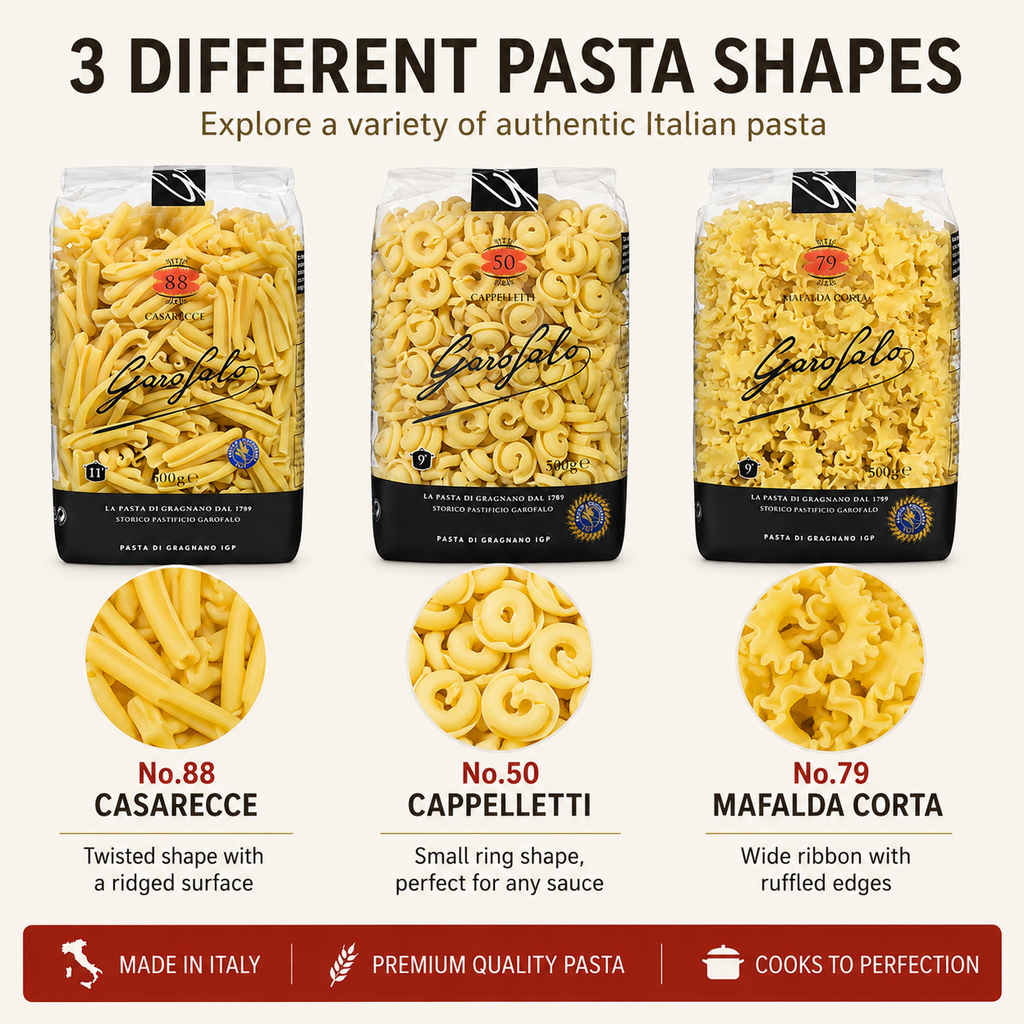 Garofalo Italian Pasta Variety Pack – No. 50 Cappelletti, No. 79 Mafalda Corta & No. 88 Casarecce, 3-Pack Durum Wheat Semolina Pasta, Imported Italian Pasta Selection