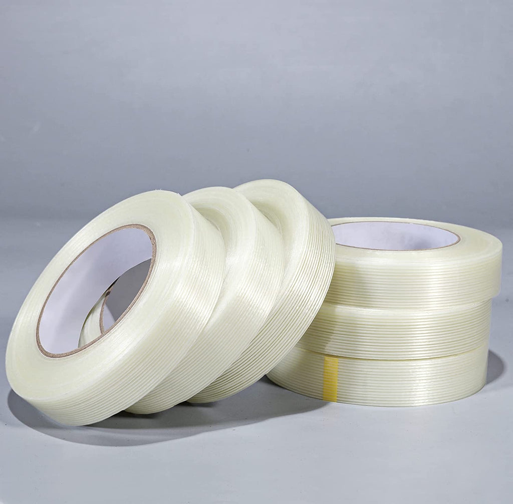 Bomei Pack 1-Inch Fiberglass Reinforced Filament Tape, 25 m per Roll, 10-Roll Pack, Clear Mesh Tape for Packing, Bundling and Repairs (B05023)