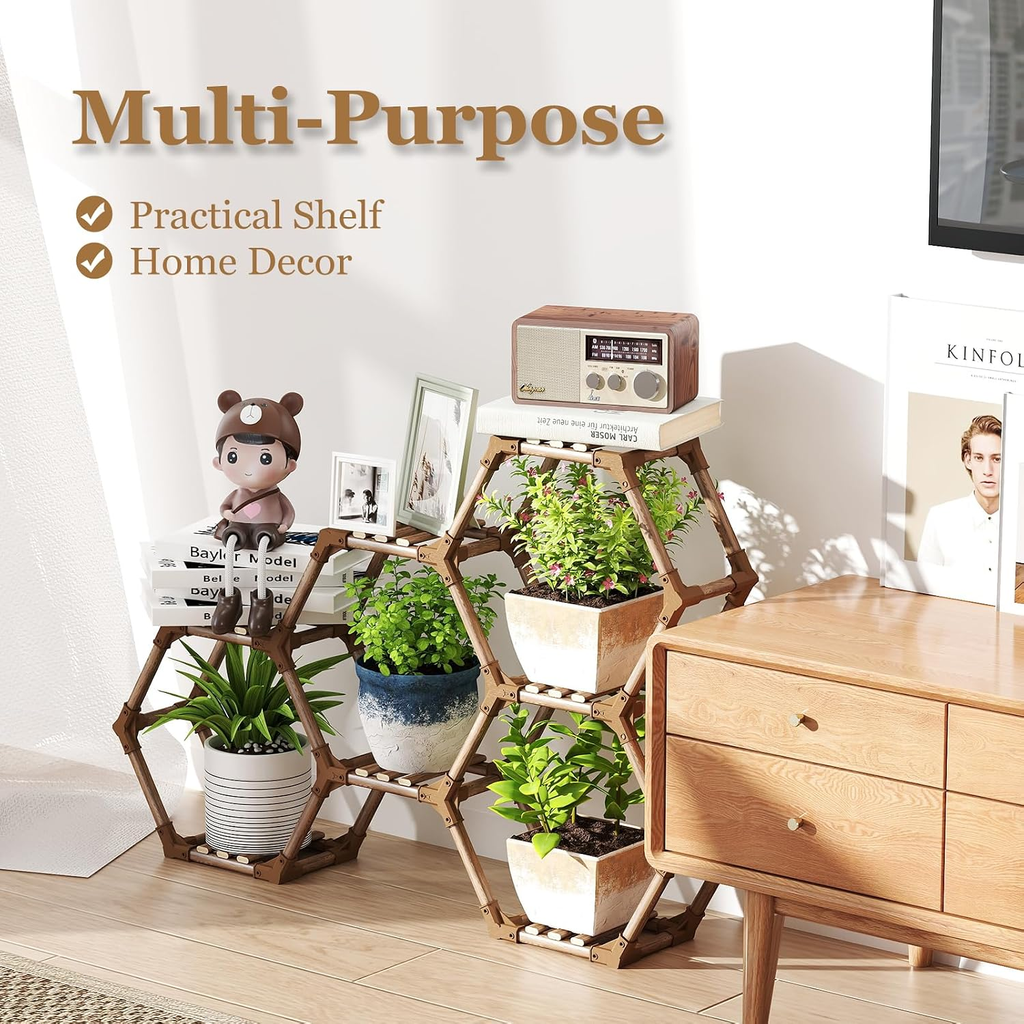 Small 7-Tier Hexagonal Wooden Plant Stand, 36.6 x 5.9 x 24.7 in, Multi-Level Indoor Outdoor Plant Shelf for Living Room, Balcony & Patio