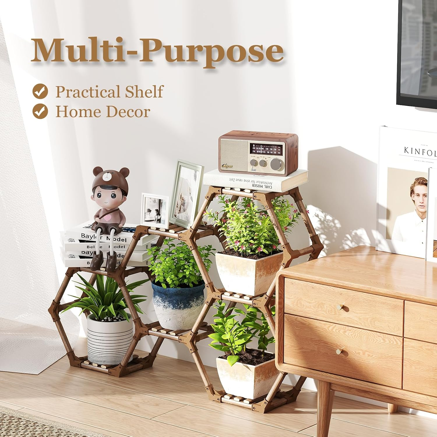 Small 7-Tier Hexagonal Wooden Plant Stand, 36.6 x 5.9 x 24.7 in, Multi-Level Indoor Outdoor Plant Shelf for Living Room, Balcony & Patio