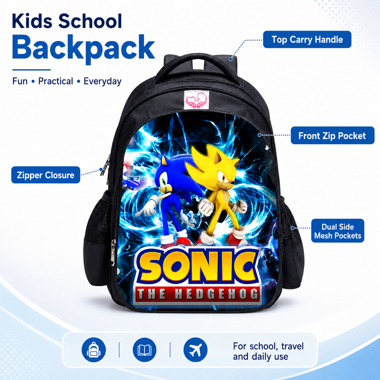 Kids School Backpack Large Size, Cartoon Character Print Bookbag with Front Zip Pocket and Side Mesh Pockets, 16.5 x 12.6 x 6.7 in, Style A