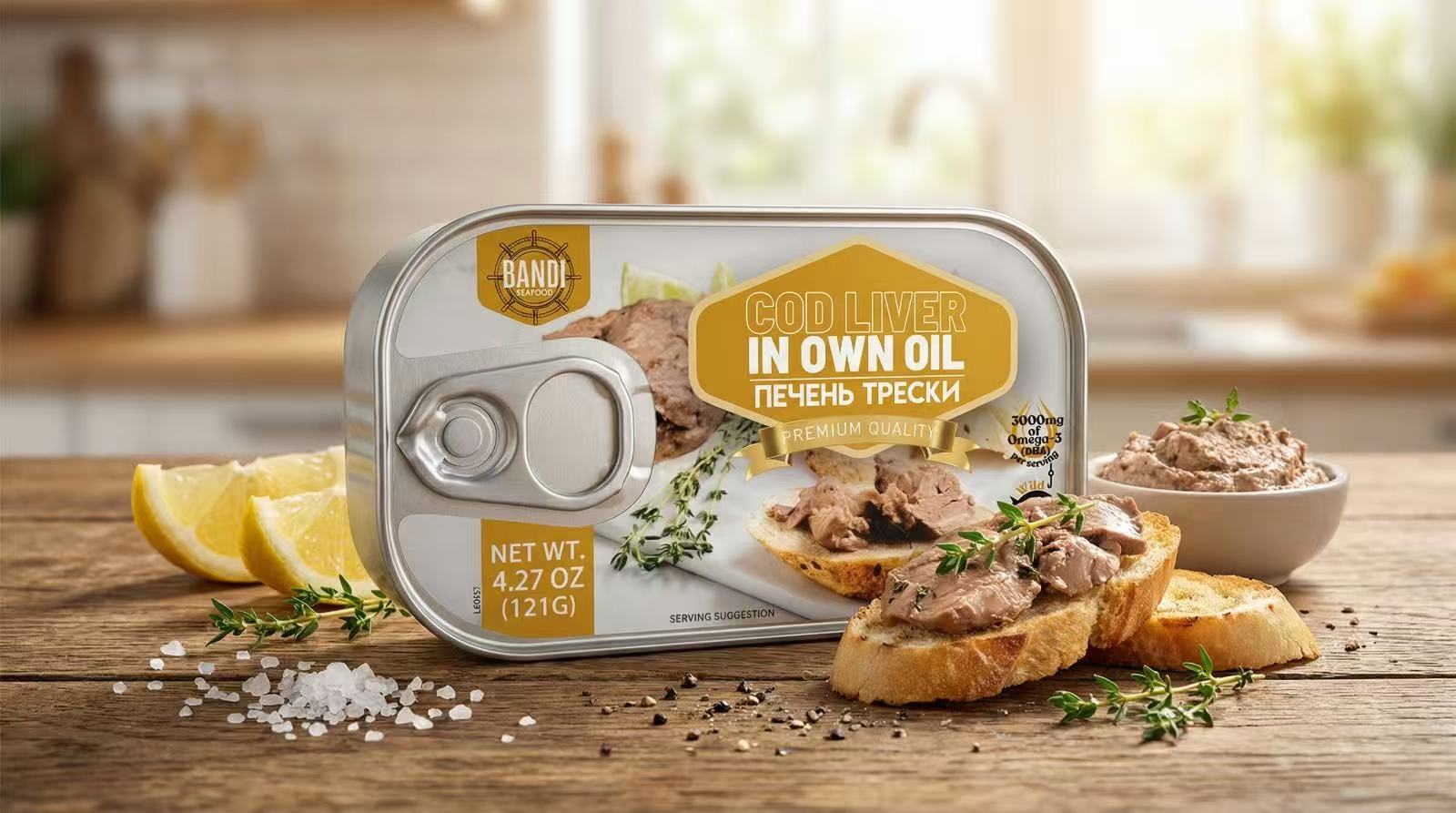 BANDI Seafood Cod Liver in Own Oil – Premium Quality, Wild Caught, 3000mg Omega-3 per Serving, Net Wt. 4.27 oz (121 g), Best Before Aug 04, 2030