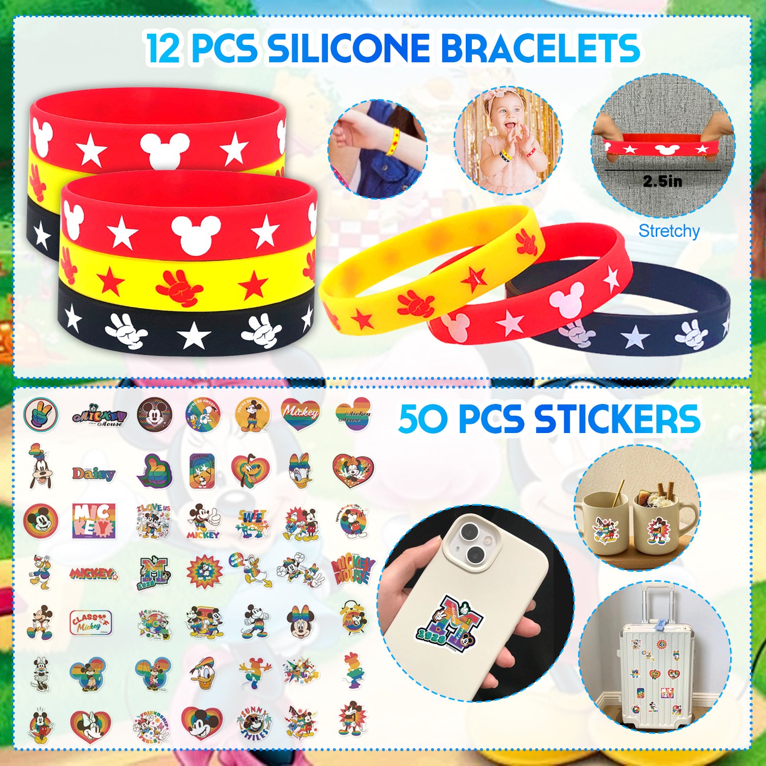 Cartoon Mouse Theme Party Decorations Set – Kids Birthday Supplies with Stickers, Slap Bracelets, Gift Bags & Colorful Accessories