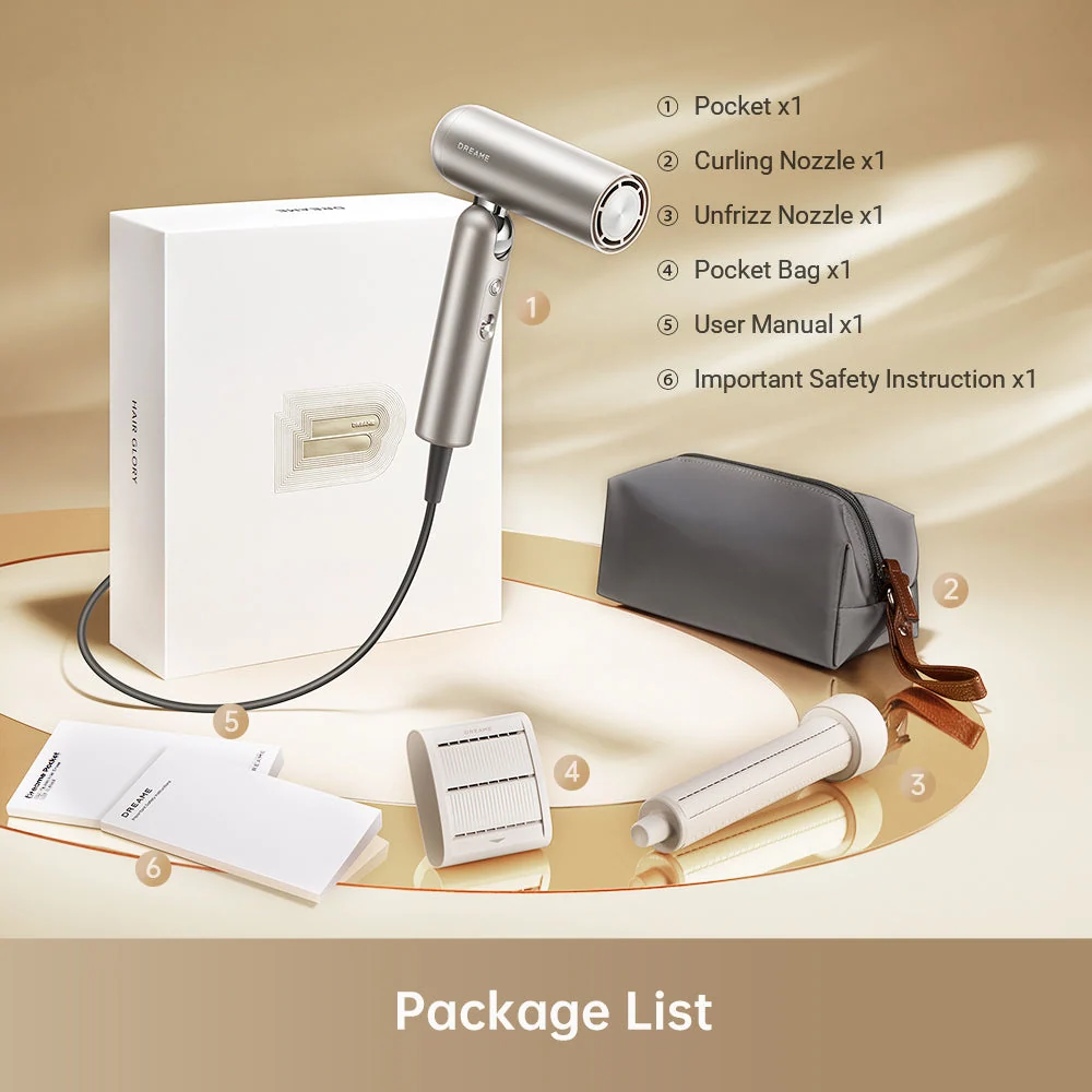 Open Box – Dreame Pocket Foldable High-Speed Ionic Hair Dryer with Styling Attachments & Travel Pouch