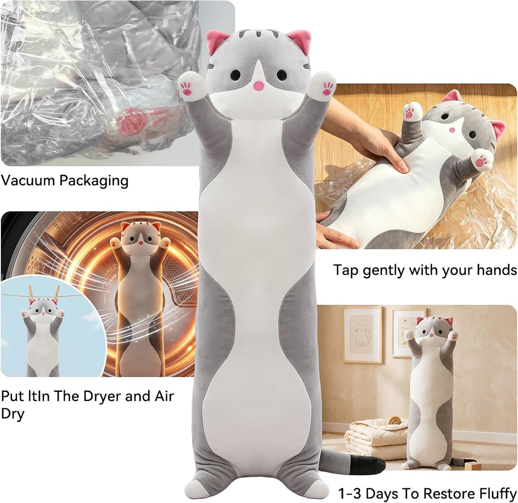 Long Cat Plush Body Pillow, Soft Stuffed Animal Cuddle Toy, 19.6 Inch, Gray or Pink