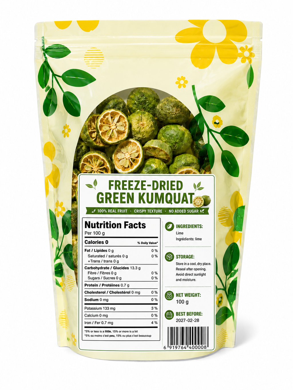 Freeze-Dried Green Kumquat | 100g Crispy Citrus Snack for Tea, Drinks & Baking