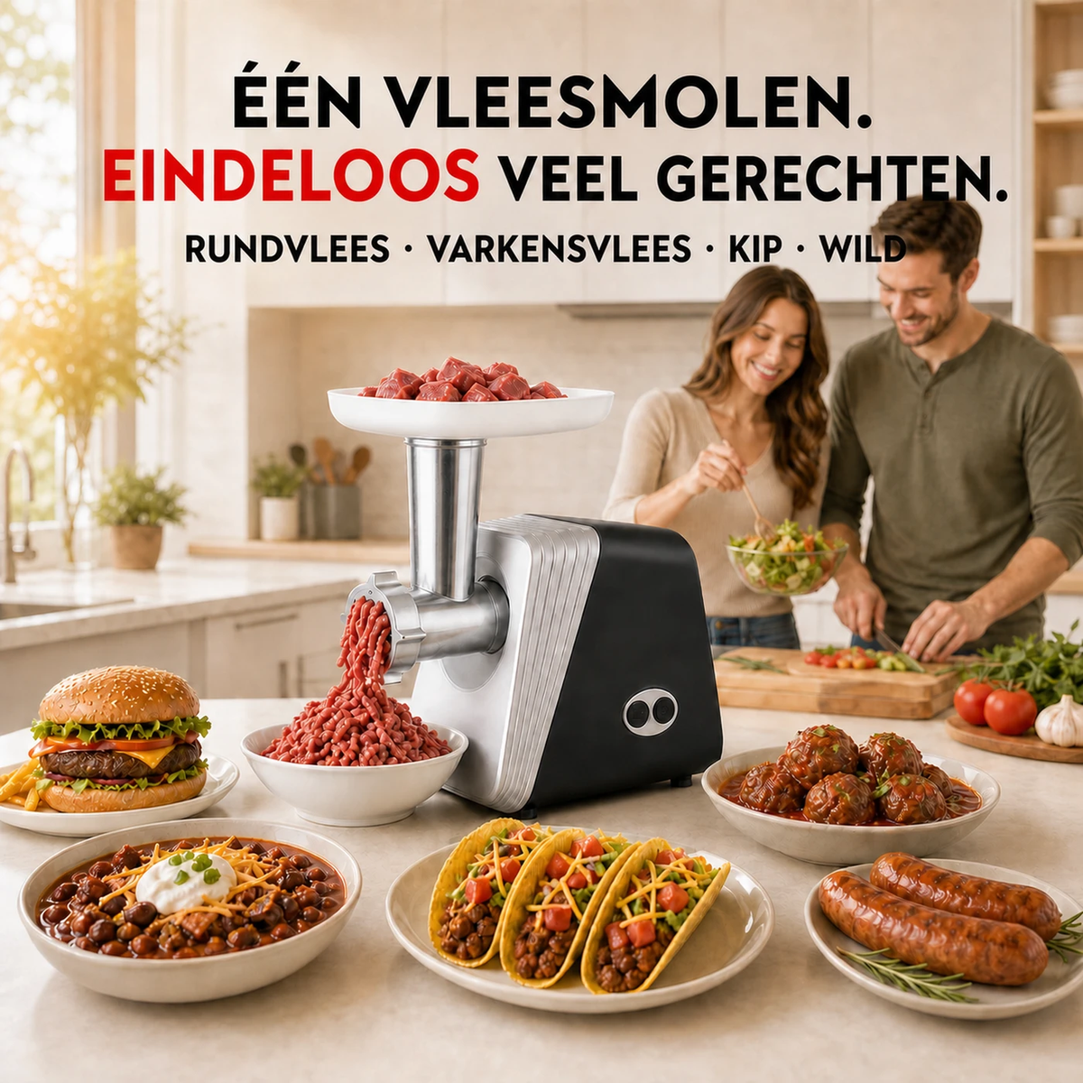 MONSGA G100 Electric Meat Grinder, 300W Rated / 1200W Max, with 3 Grinding Plates, Sausage, Kibbe & Cookie Attachments