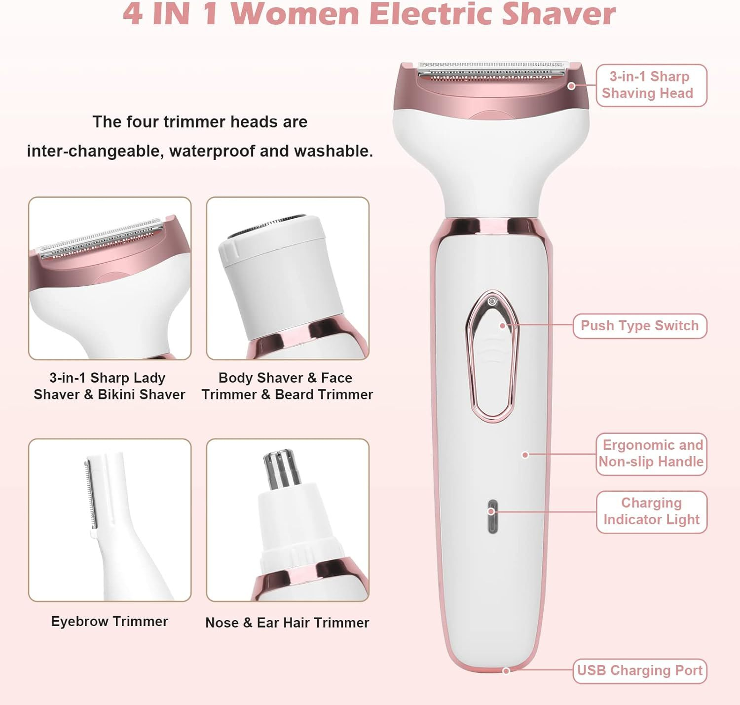 Elorixa Shaver, Smooth Shave Pro for Women, Eviay Premium Shaver, Elorixa Electric Shaver Women, 4 in 1 Hair Trimmer Women, Wet & Dry Use, for Armpit, Private Parts, Legs, Arms (Pink)