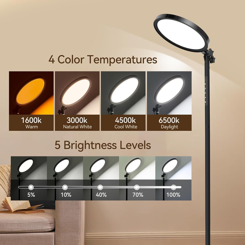 12000 Lux UV-Free Full Spectrum Floor Lamp with Remote, Touch Control, Adjustable Height, Timer, 4 Color Temperatures & 5 Brightness Levels