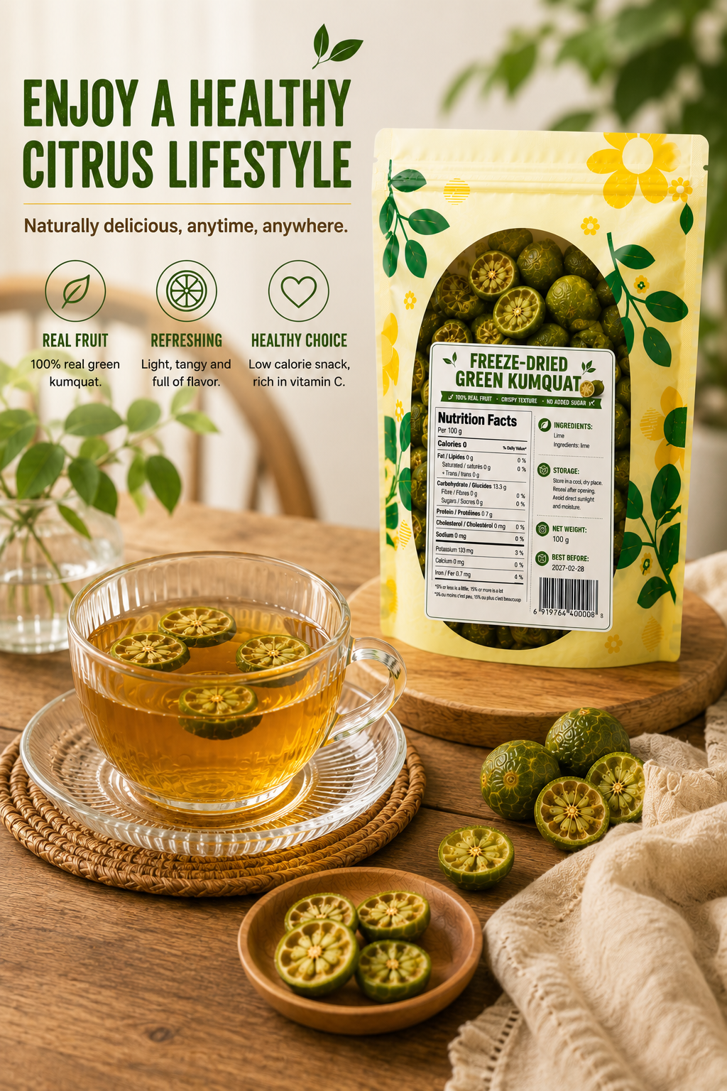Freeze-Dried Green Kumquat | 100g Crispy Citrus Snack for Tea, Drinks & Baking
