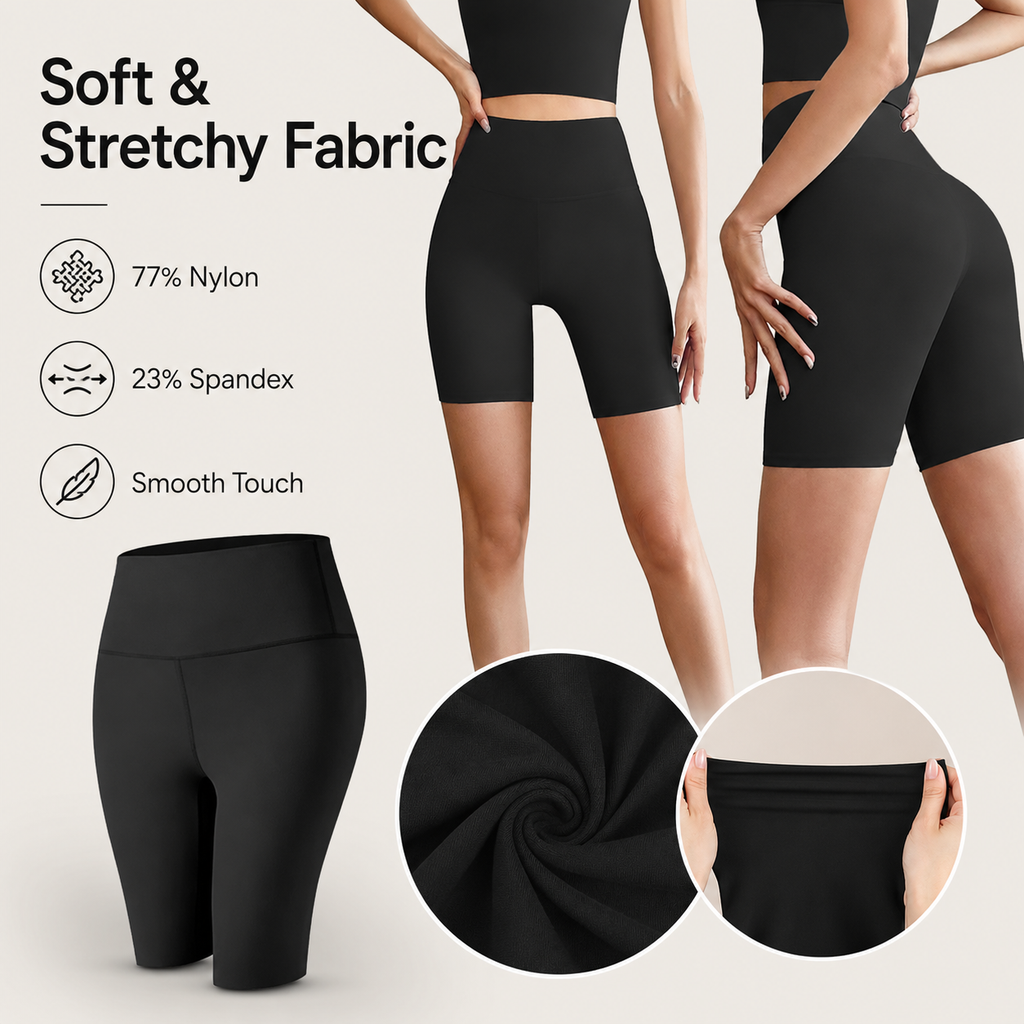 Women’s High-Waisted Yoga Shorts, Stretchy Nylon Spandex Workout Shorts, Black, Sizes XS–S