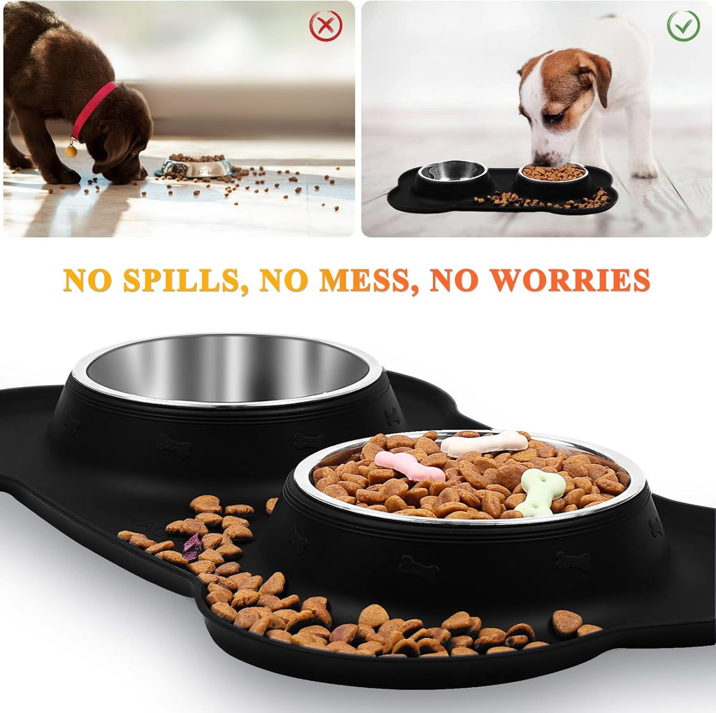 Double Dog Bowl Set with Silicone Mat – Stainless Steel Pet Food and Water Bowls for Small Dogs