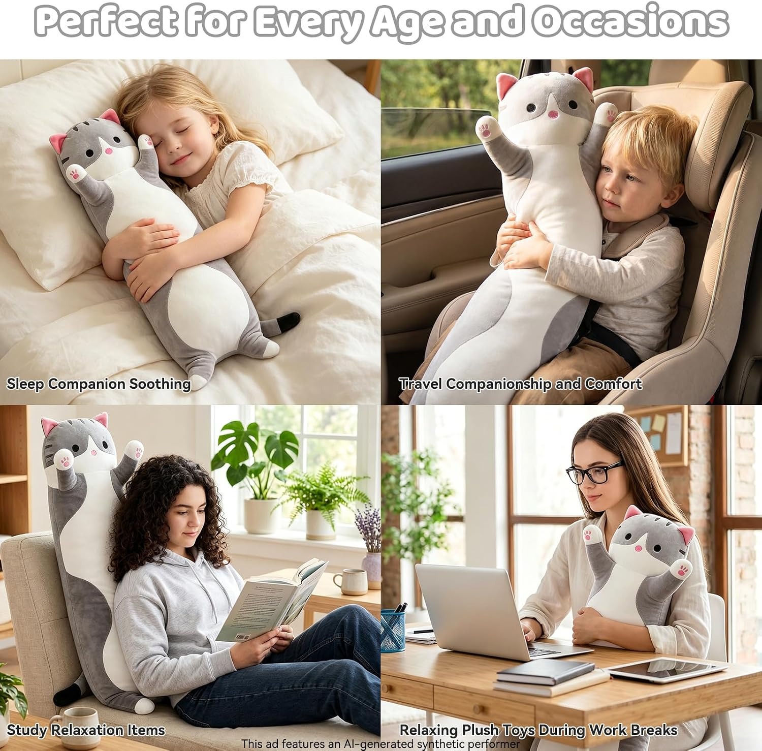 Long Cat Plush Body Pillow, Soft Stuffed Animal Cuddle Toy, 19.6 Inch, Gray or Pink
