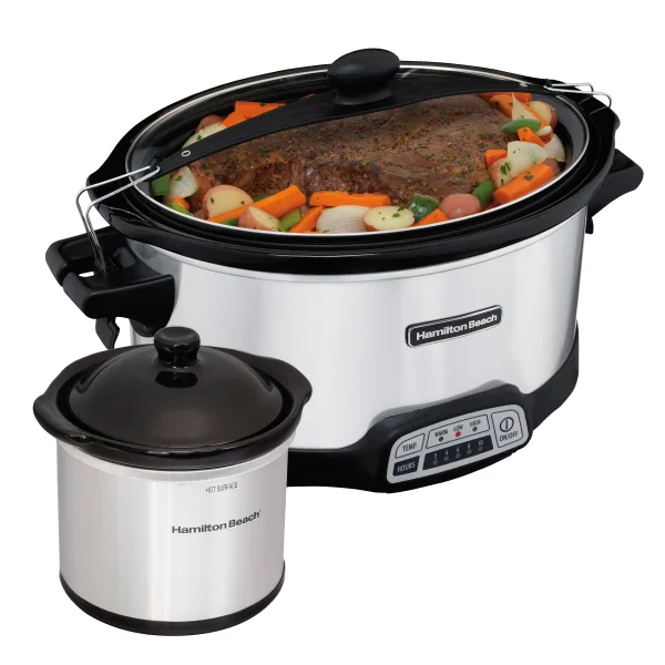 Open Box Hamilton Beach 6.62L (7 Qt.) Stay or Go Programmable Slow Cooker with Party Dipper – Stainless Steel