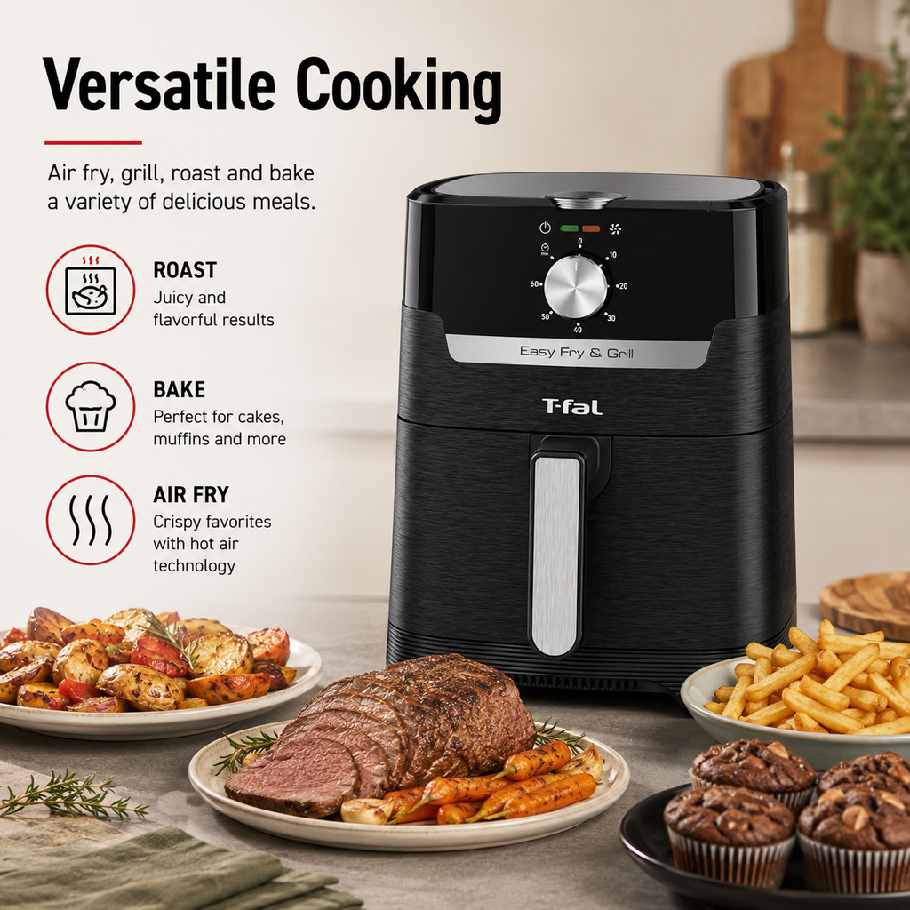 T-Fal Easy Fry & Grill Precision 2-in-1 Air Fryer, 4.4QT Capacity, Adjustable Temperature Control, 60-Minute Timer, Grill Plate Included, Black