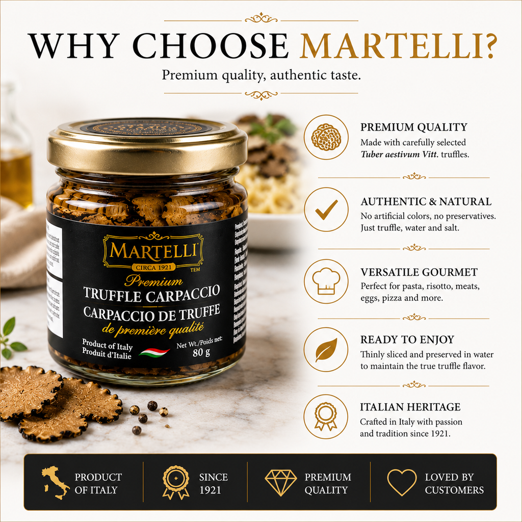 Martelli Premium Truffle Carpaccio 80g, Black Truffle Slices in Water, Ready to Use, Best Before Mar 30, 2030