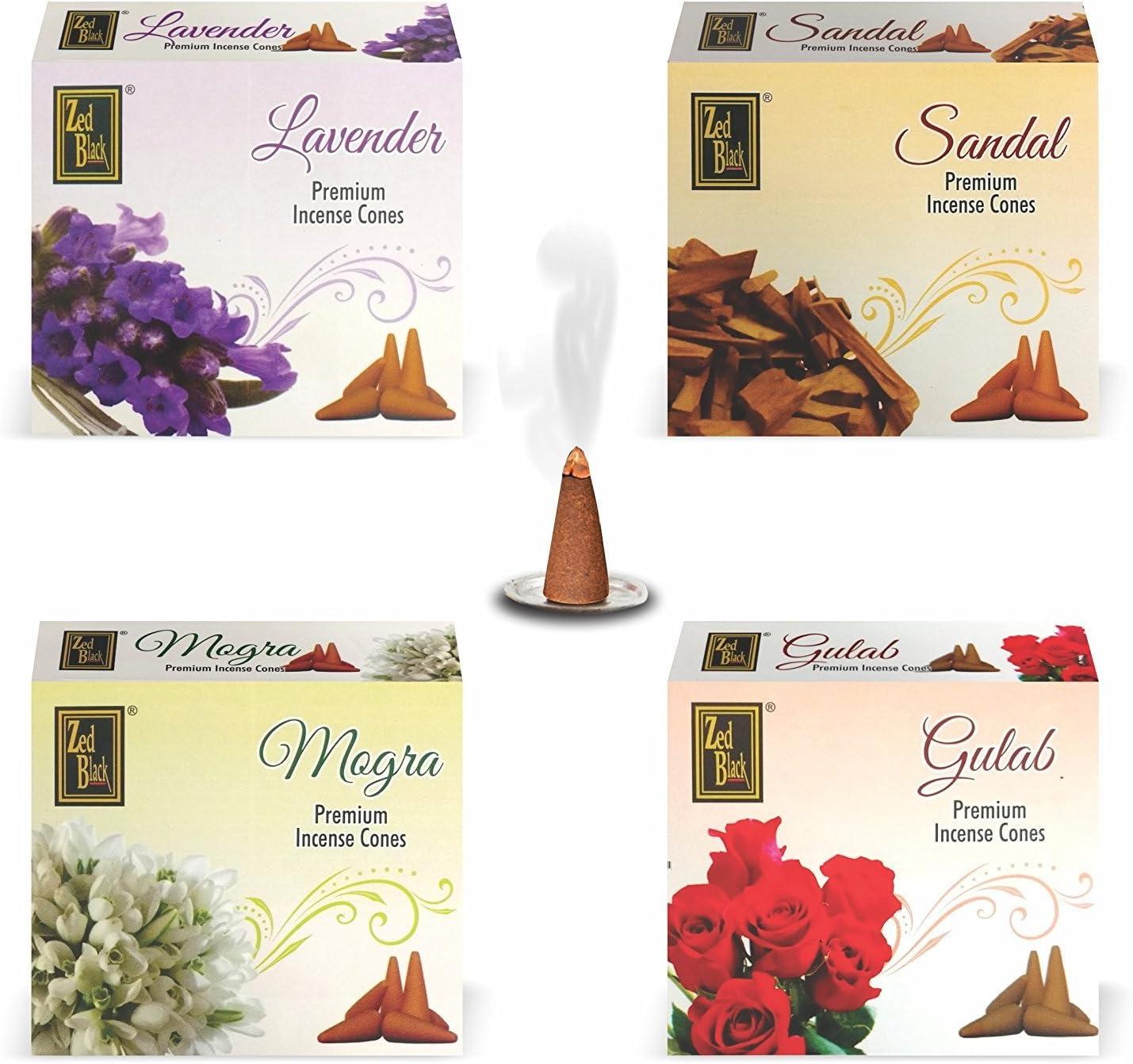 Premium Dhoop Incense Cones Variety Pack, 4 Scents, – Rose, Mogra, Sandal and Lavender