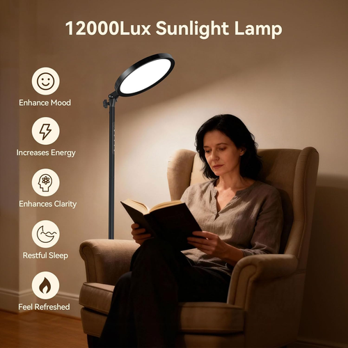 12000 Lux UV-Free Full Spectrum Floor Lamp with Remote, Touch Control, Adjustable Height, Timer, 4 Color Temperatures & 5 Brightness Levels