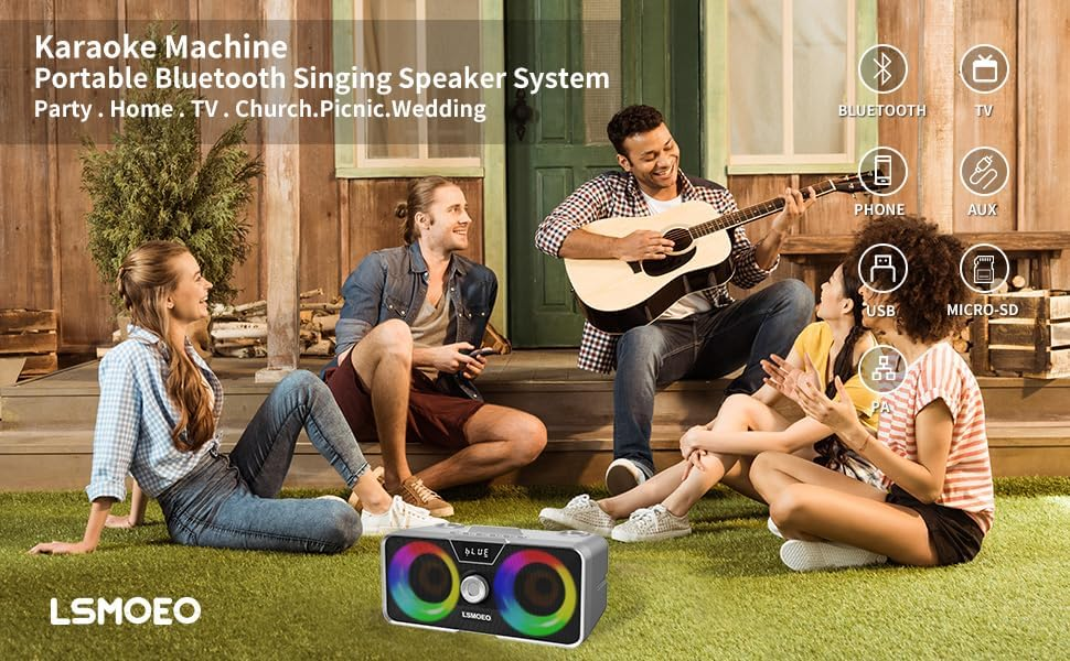 Portable Bluetooth Karaoke Machine with 2 UHF Wireless Microphones, LED Party Lights and Phone Holder – Grey