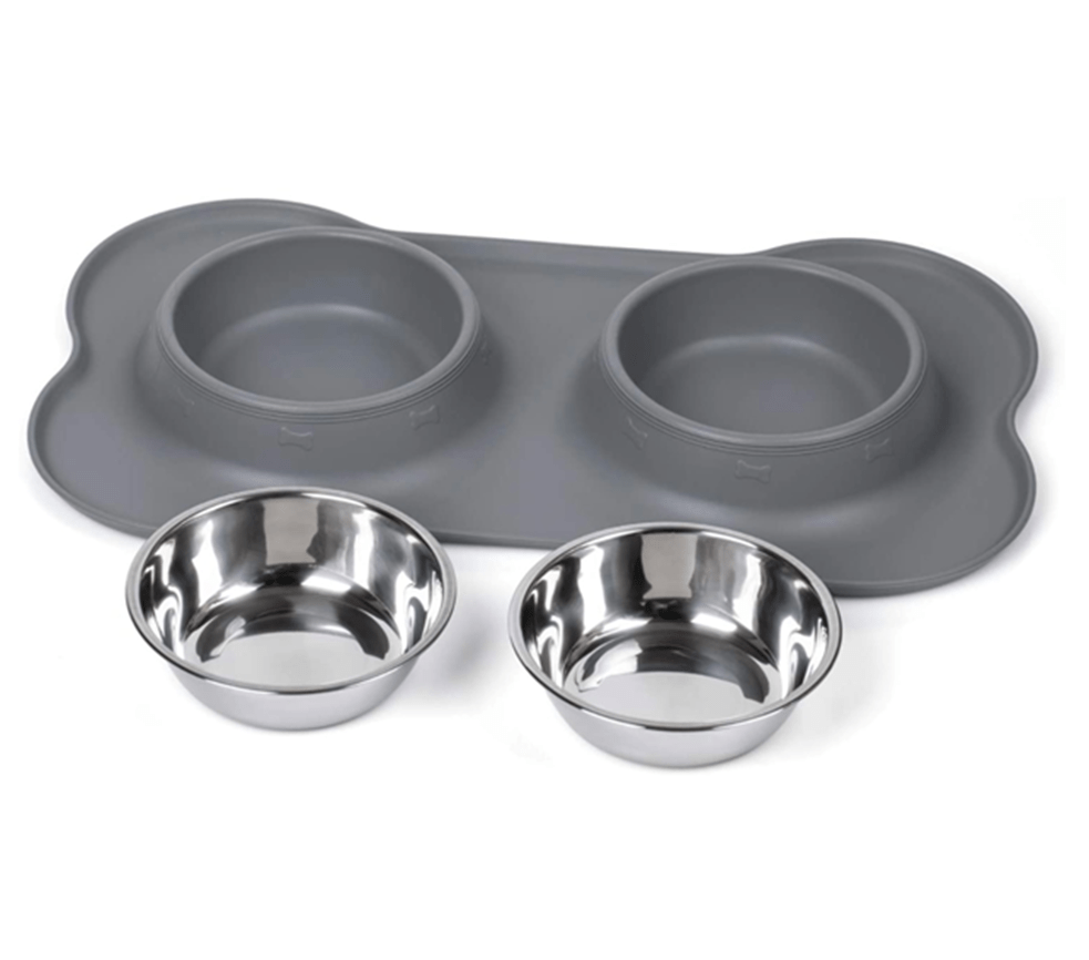 Double Dog Bowl Set with Silicone Mat – Stainless Steel Pet Food and Water Bowls for Small Dogs