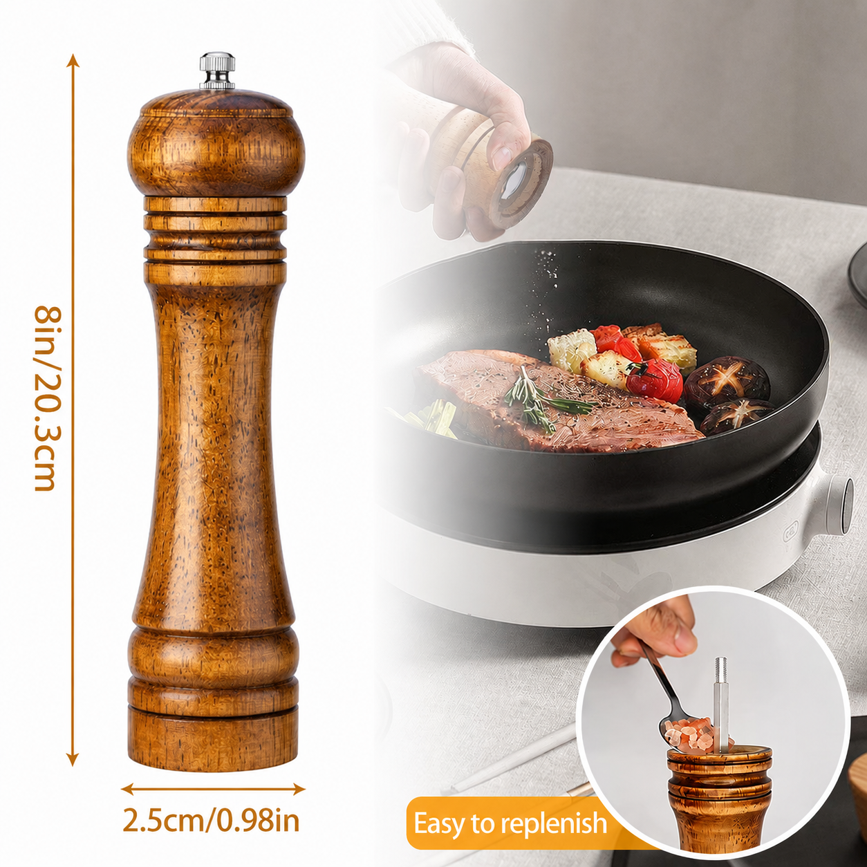 Wood Pepper Mill Grinder Adjustable Ceramic Core Salt & Pepper Grinder Refillable Oak Wood Mill 5in8in10in