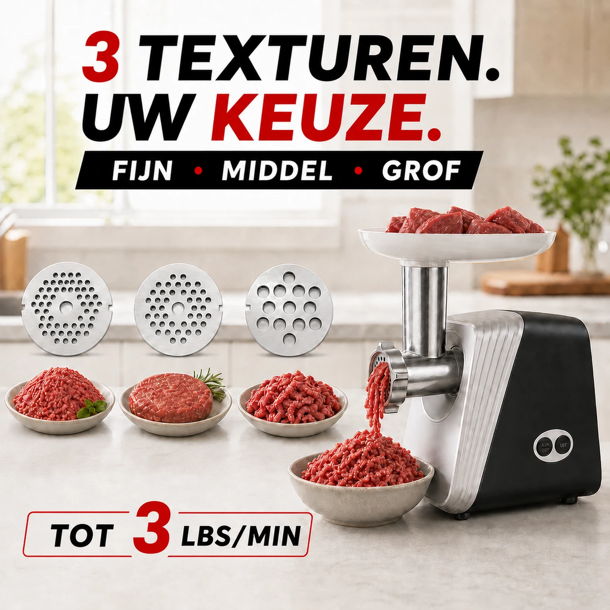 MONSGA G100 Electric Meat Grinder, 300W Rated / 1200W Max, with 3 Grinding Plates, Sausage, Kibbe & Cookie Attachments