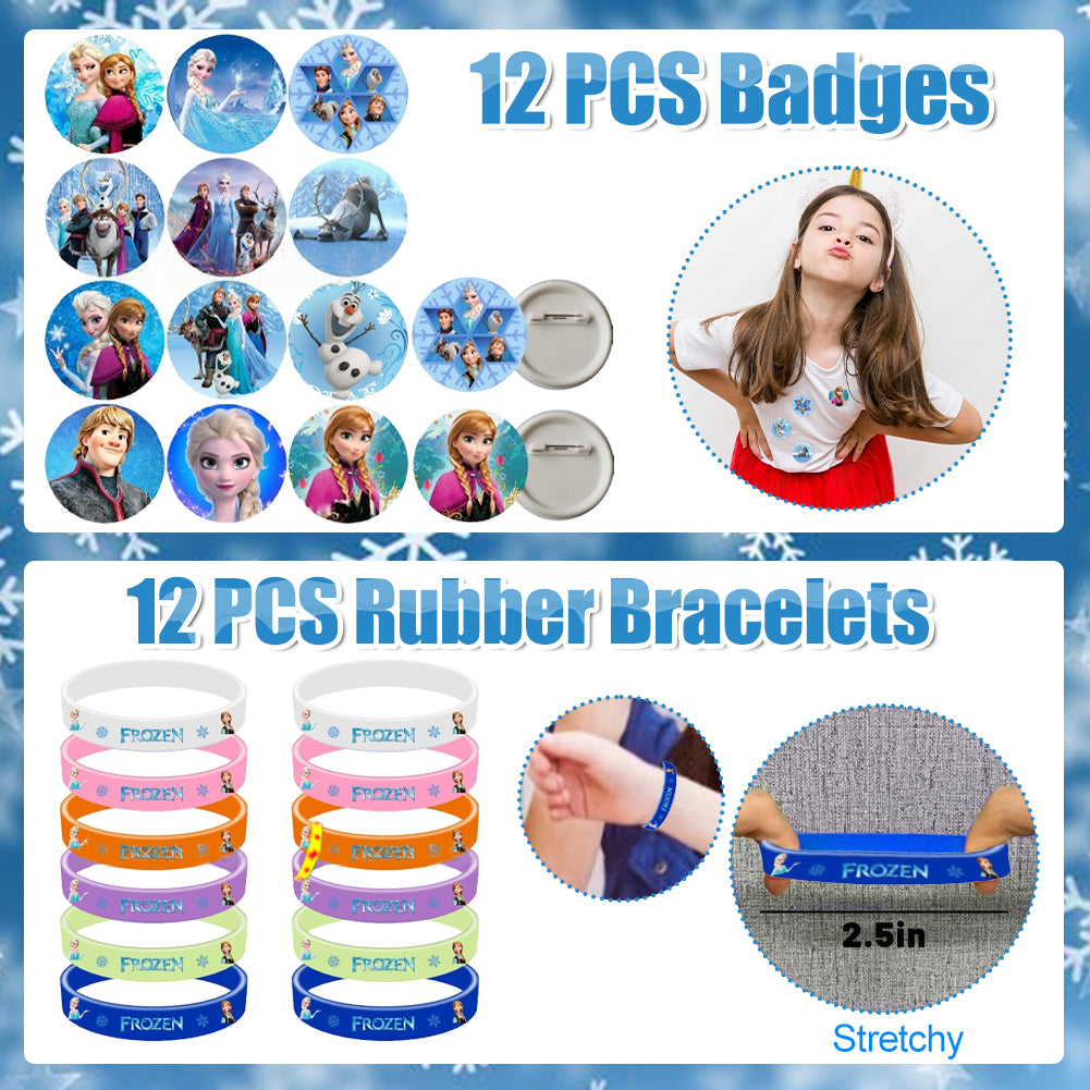 Winter Princess Theme Party Decorations Set – Kids Birthday Supplies with Gift Bags, Bracelets, Keychains, Stickers & Badges (Blue Snowflake Style)