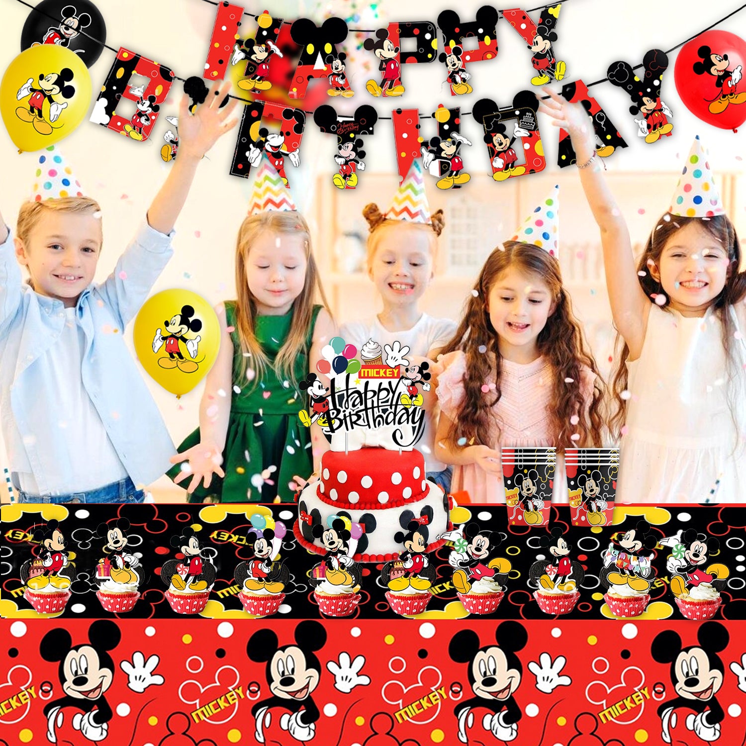 Classic Cartoon Mouse Theme Birthday Party Decorations Set – Kids Party Supplies with Banner, Balloons, Tableware & Cake Toppers (Red & Black Style)