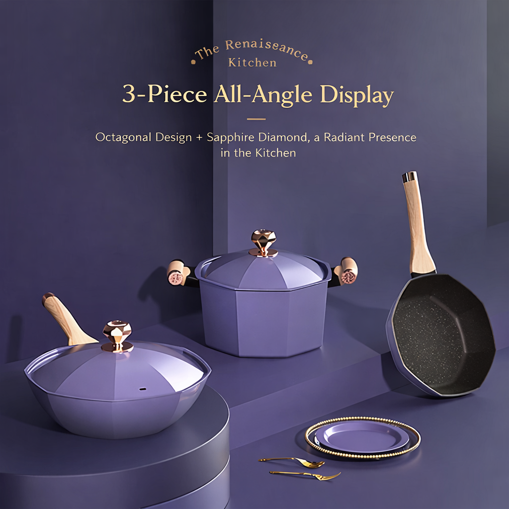 3-Piece Octagonal Nonstick Cookware Set – Lavender Purple Kitchen Pots & Pan Set with Lid, Premium Multi-Layer Bottom, Elegant Sapphire Diamond Design