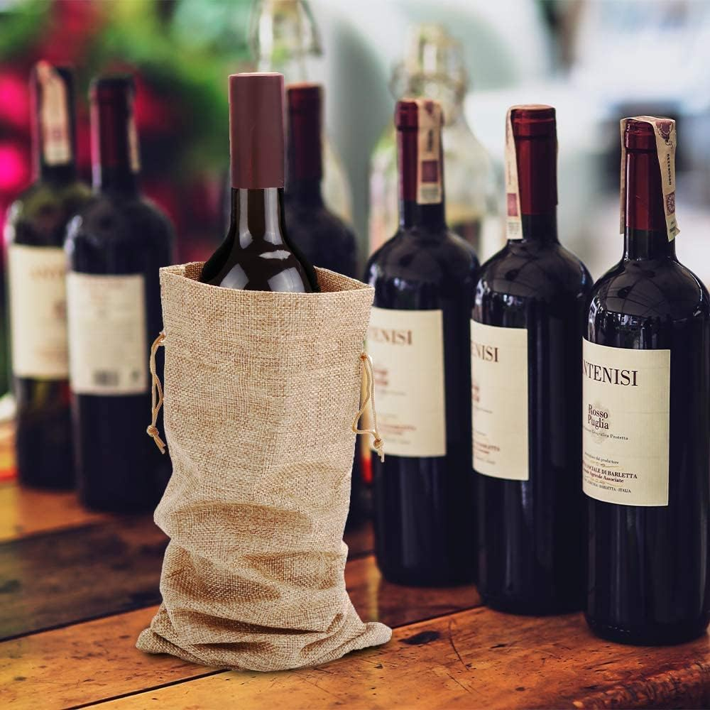 Christmas Burlap Wine Gift Bags with Drawstrings & Snowflake Tags – Red & Natural