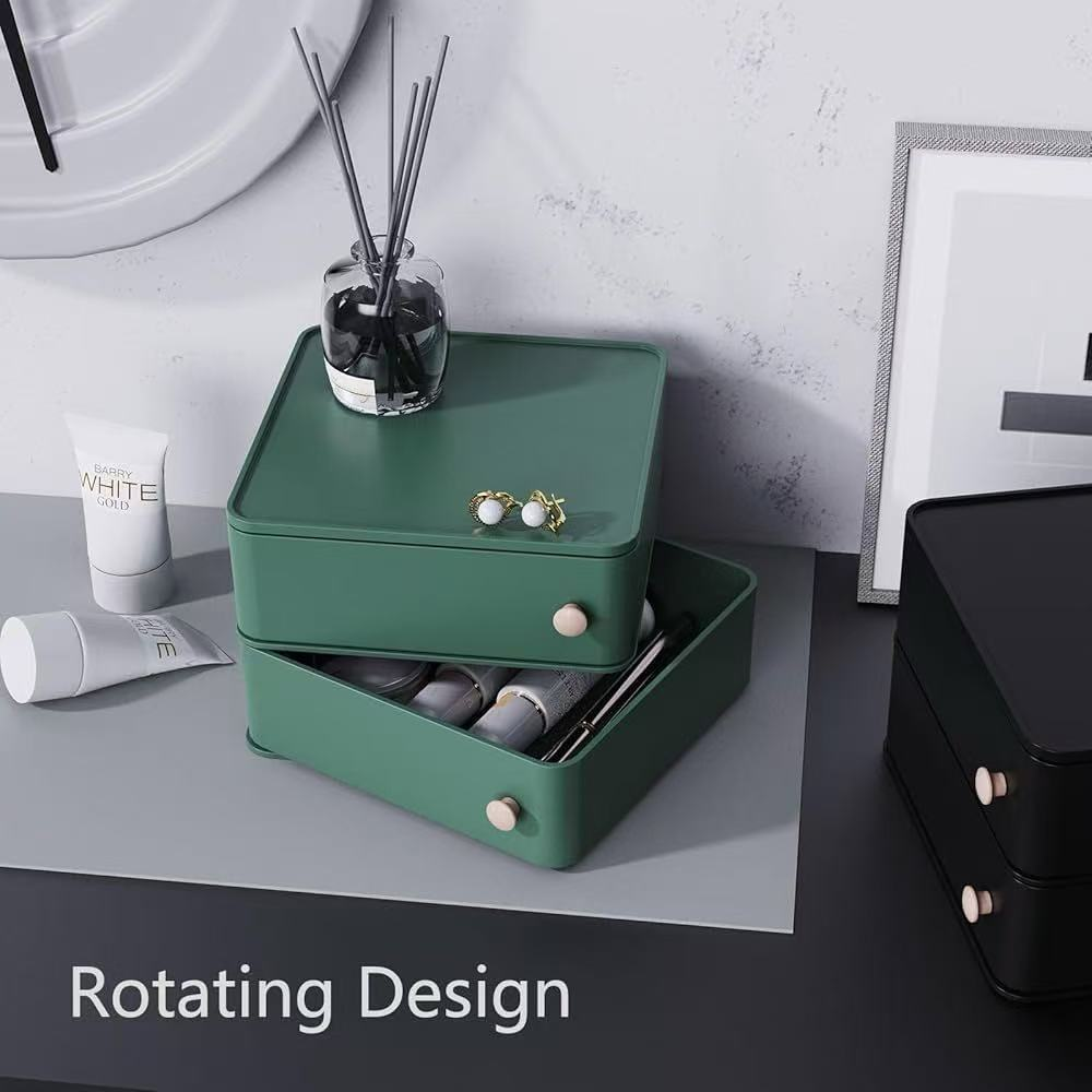 Rotating Makeup Organizer with Drawers – Stackable Cosmetic Storage Box, 360° Rotating Vanity Organizer for Skincare, Jewelry & Bathroom Countertop
