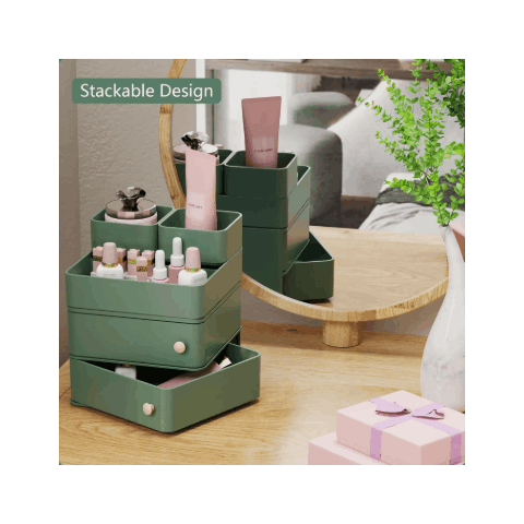 Rotating Makeup Organizer with Drawers – Stackable Cosmetic Storage Box, 360° Rotating Vanity Organizer for Skincare, Jewelry & Bathroom Countertop