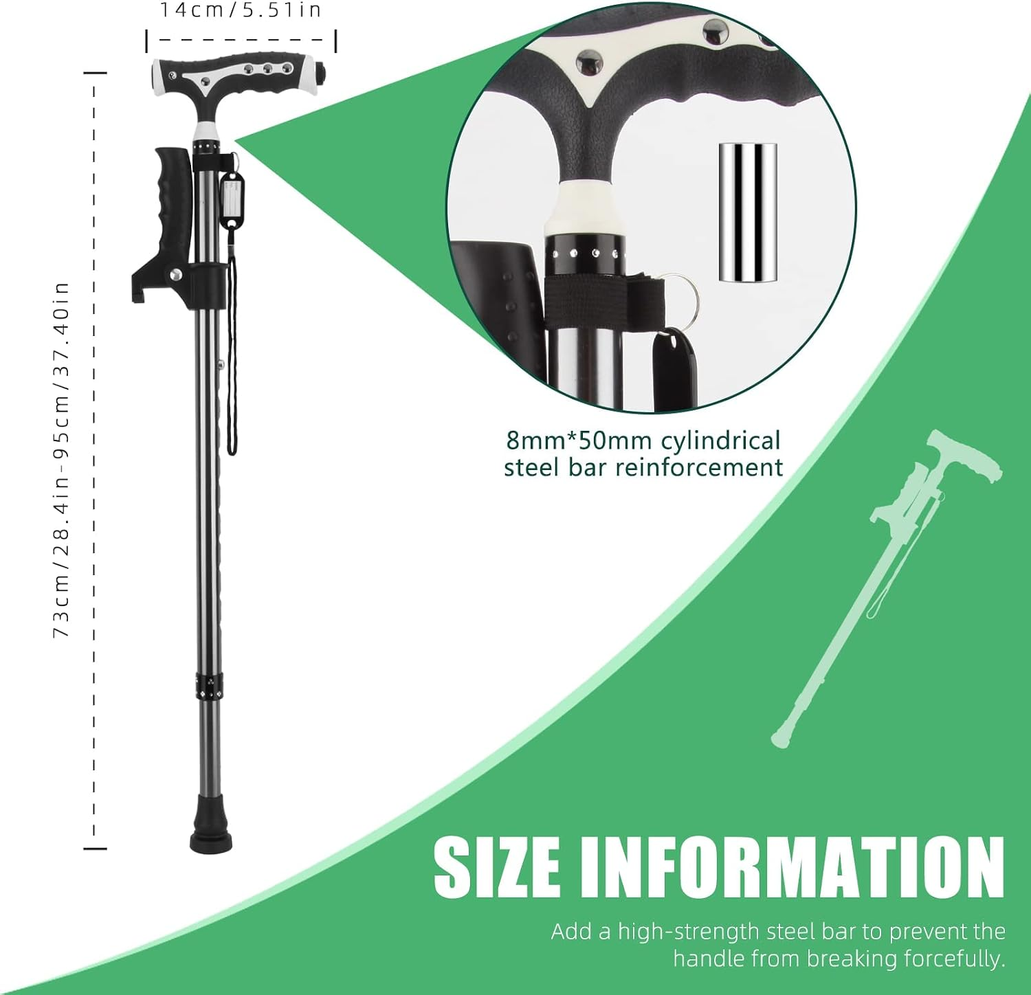 Foldable Adjustable Walking Cane with LED Light and Freestanding Base – Black