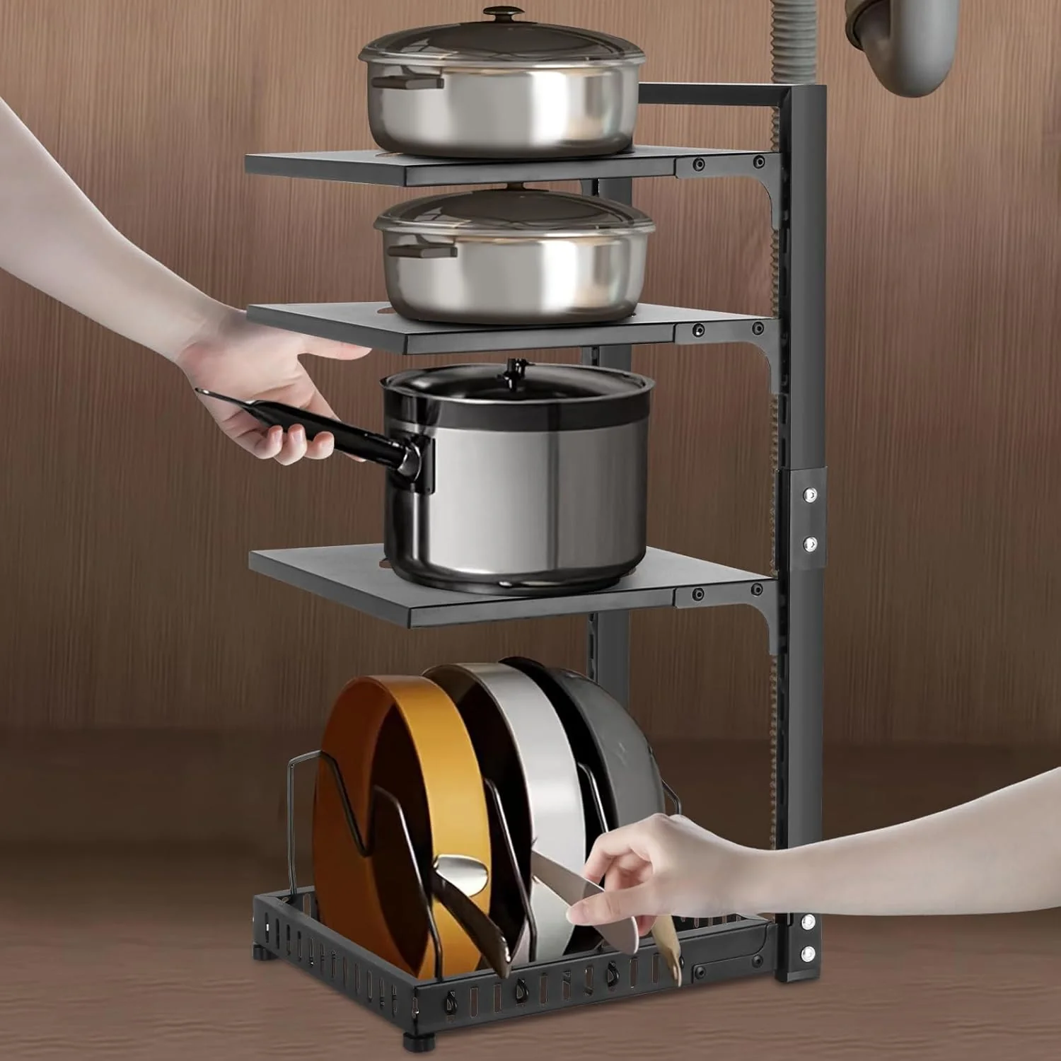 Pot Rack Organizers:4-Tier Adjustable Heavy Duty Pan Organizer for Cabinet ，Multiple Use Modes，Pot Rack & Pan Rack for Kitchen Counter and Cabinet