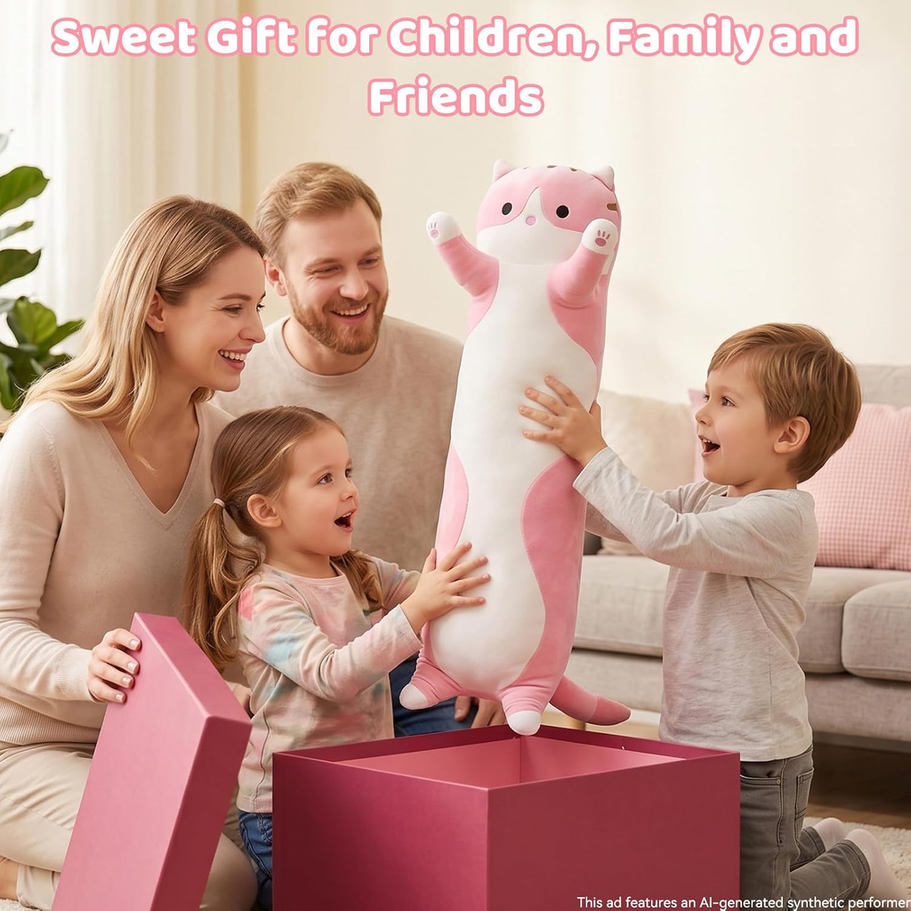 Long Cat Plush Body Pillow, Soft Stuffed Animal Cuddle Toy, 19.6 Inch, Gray or Pink