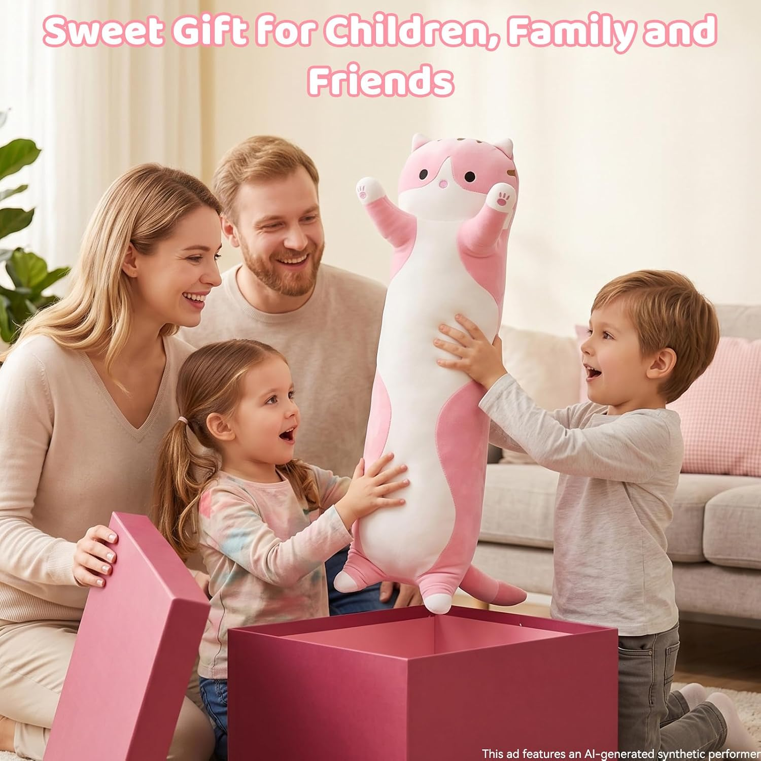 Long Cat Plush Body Pillow, Soft Stuffed Animal Cuddle Toy, 19.6 Inch, Gray or Pink