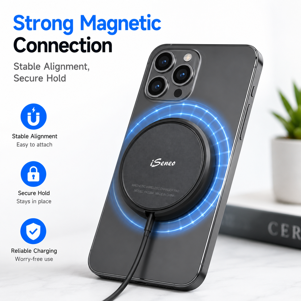 iSeneo WaveCharger 228 Magnetic Wireless Charger Pad with USB-C Cable, 15W Max Fast Charging, Black